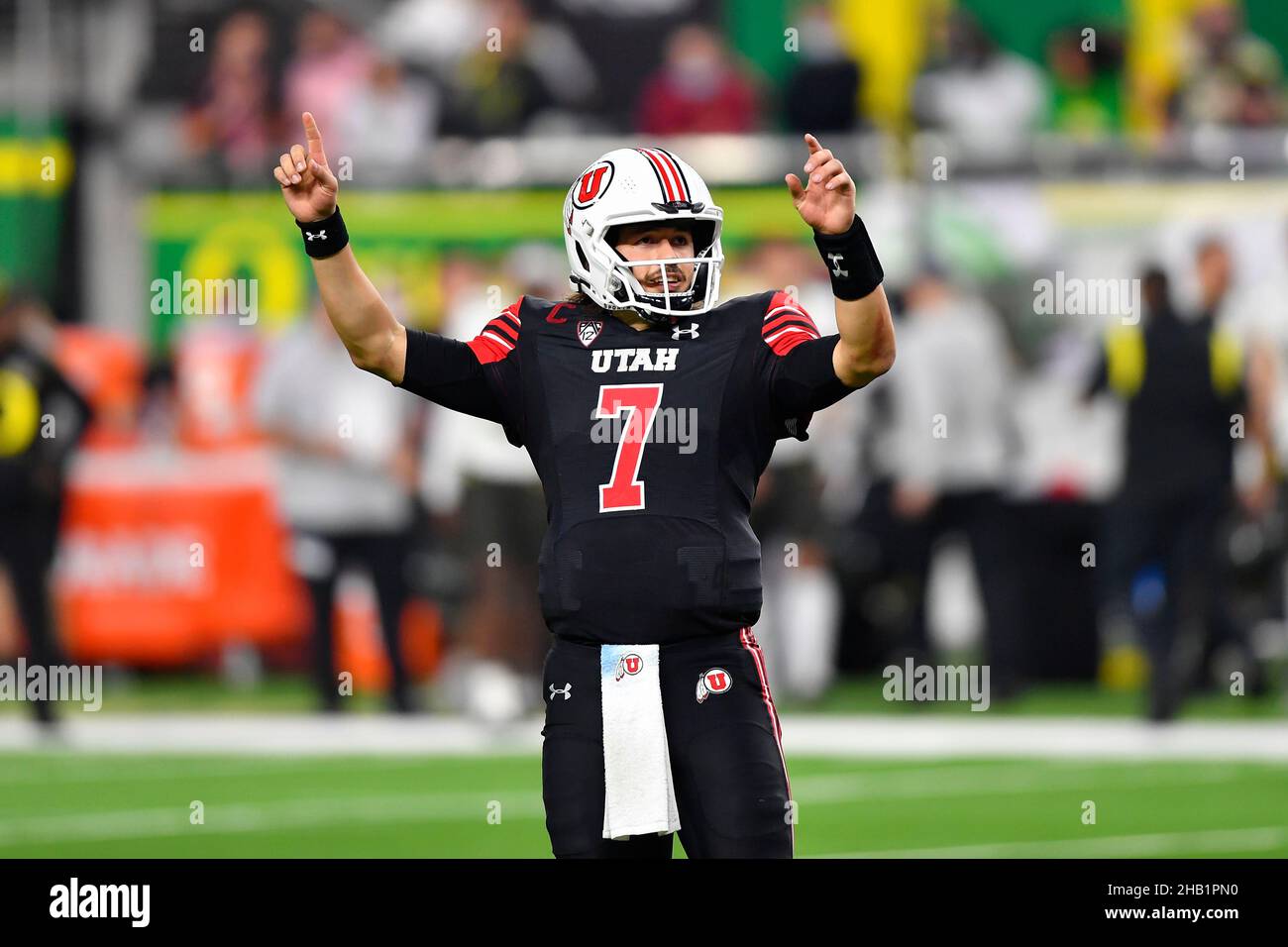 Utah Utes quarterback Cameron Rising (7) celebrates after completing the play at the Pac-12 Championship Game between Oregon Ducks and Utah Utes on De Stock Photo