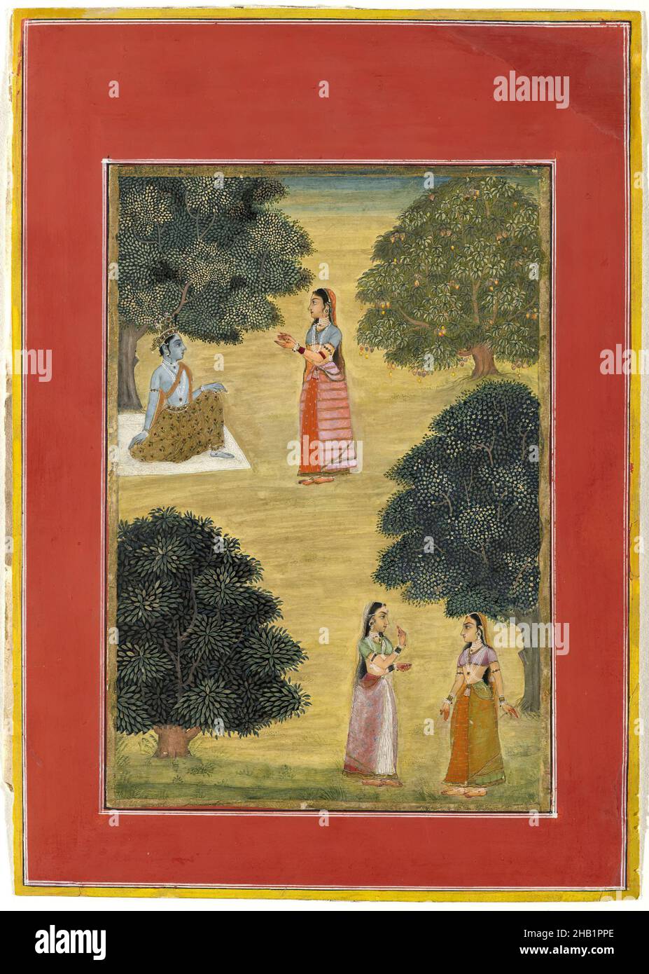 Krishna and Radha, Ruknudin, Opaque watercolor on paper, Bikaner, Rajasthan, India, 1684, Image: 10 5/8 x 7 5/8 in., 27 x 19.3 cm, 1690, figures, gold, India, Indian, Northern India, opaque watercolor, painting, paper, radha, Satasai, trees, watercolor Stock Photo