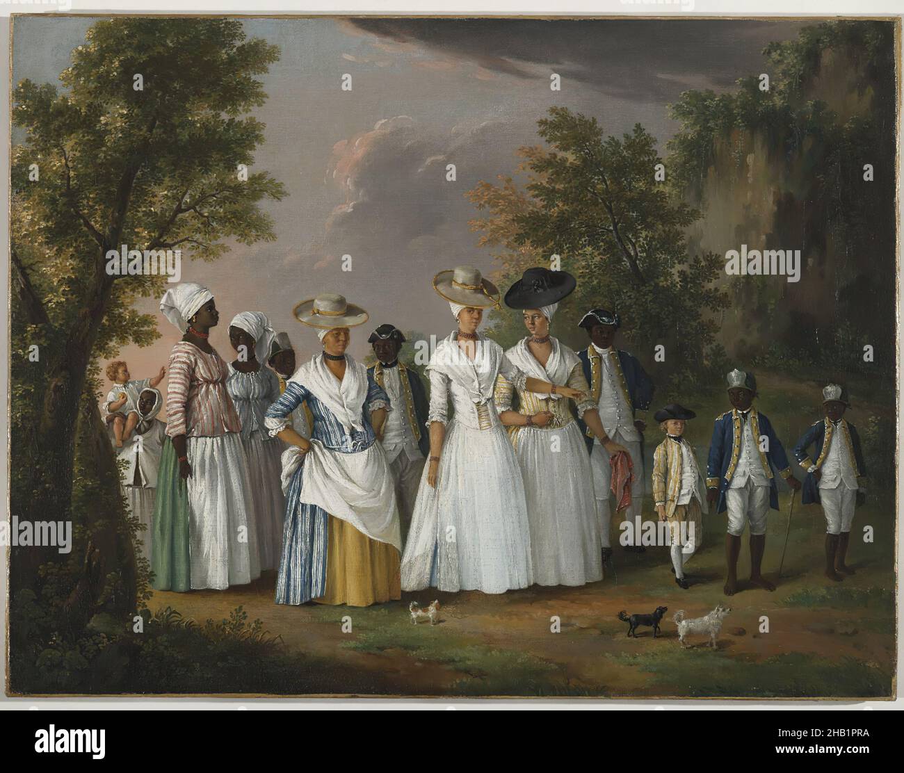 Free Women of Color with Their Children and Servants in a Landscape, Agostino Brunias, Italian, ca. 1730-1796, Oil on canvas, ca. 1770-1796, 20 x 26 1/8 in., 50.8 x 66.4 cm, 18thC, aprons, attendants, black women, chokers, colonialism, colonialsim, Dog, dresses, earrings, emancipation, fichu, hats, head gear, head scarf, jewelry, kerchief, lower class, necklace, race relations, scarf, scarves, skin color, slavery, social hierarchy, Society, status, upper class, wealth, white women, women Stock Photo