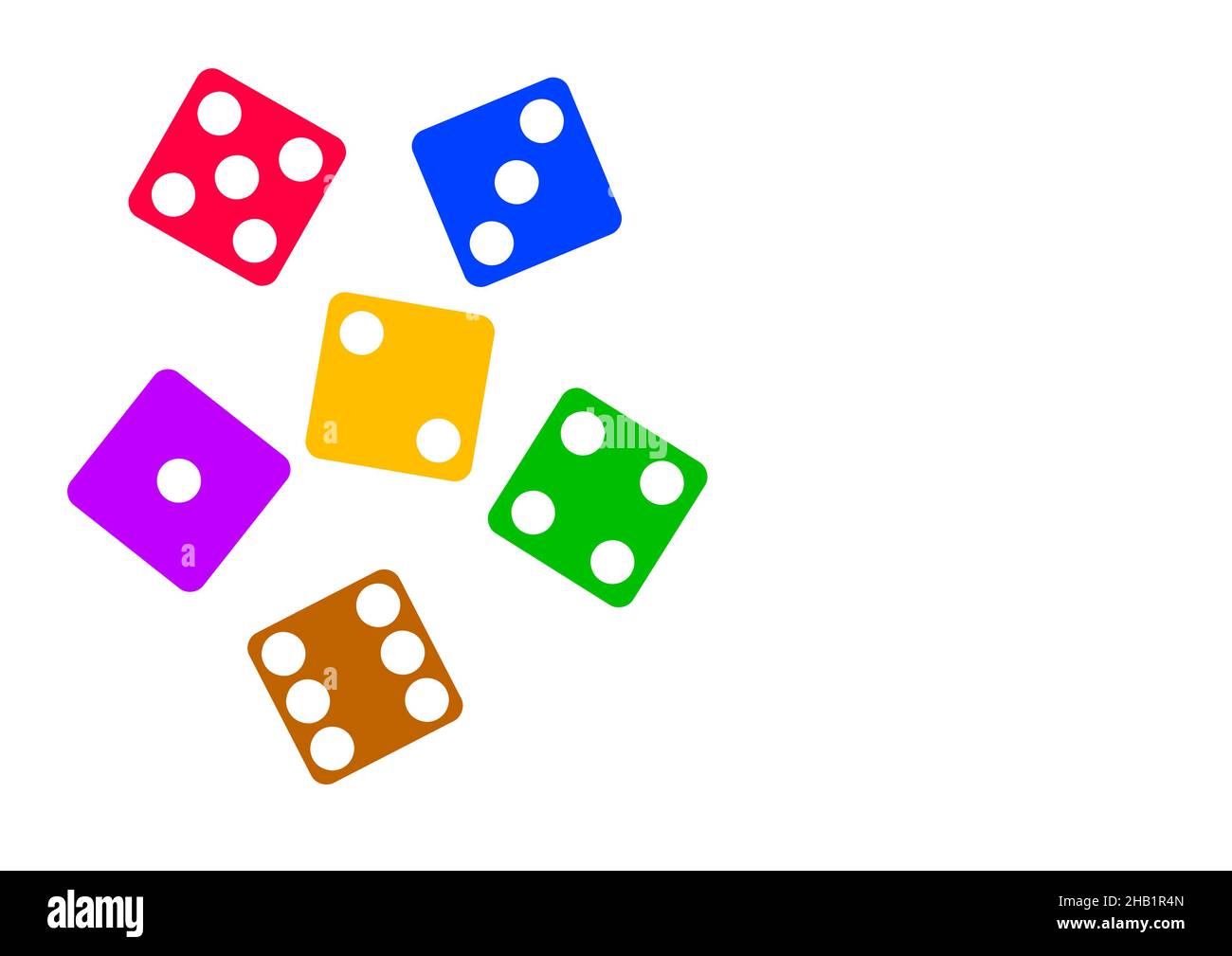 Six colorful dice in an illustration against a white background Stock