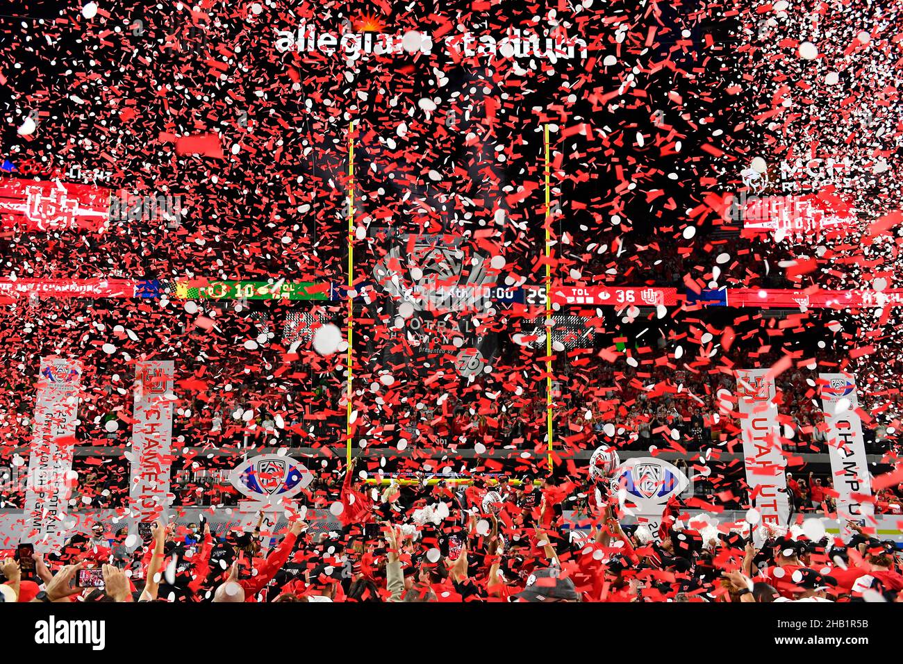 Confetti is released at the post-game ceremony after the Pac-12 Championship Game between Oregon Ducks and Utah Utes on Dec 3, 2021 at Allegiant Stadi Stock Photo