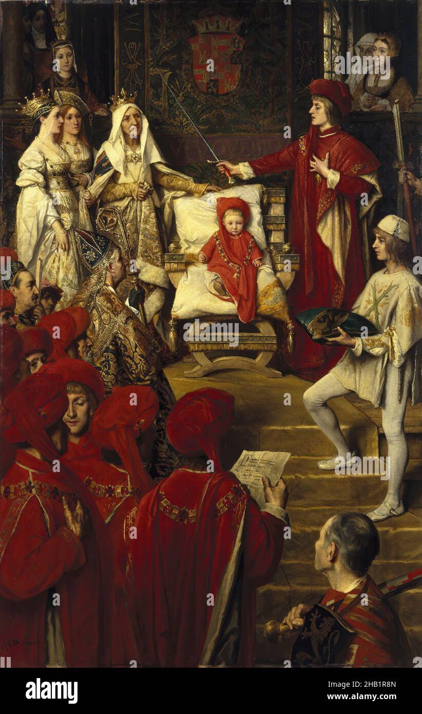 Philip I, the Handsome, Conferring the Order of the Golden Fleece on his Son Charles of Luxembourg, Philippe Ier le Beau, conférant à son fils Charles de Luxembourg le titre de Chevalier de l'Ordre de la Toison d'Or, Albrecht de Vriendt, Belgian, 1843-1900, Oil on panel, Belgium, 1880, 55 1/8 x 34 7/8 in., 140 x 88.6 cm, Belgium, boy, ceremonial, ceremonial robes, ceremony, chain, coat of arms, collar, collier, couronne, court, crown, cushion, enfant, european, fleece, heraldry, historical, historical genre, historical painting, knight, knighthood, knighting, order, prince, red, regal, royal Stock Photo