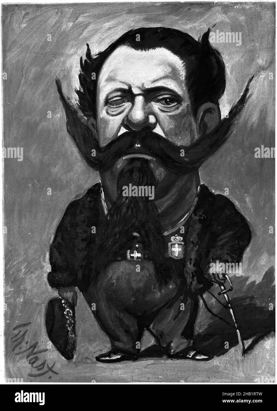 Caricature of King Victor Emmanuel II, Thomas Nast, American, 1840-1902, Oil on canvas, United States, 1866, 47 15/16 x 35 13/16 in., 121.8 x 91 cm, black and white, caricature, facial hair, Italy, King, man, miniature body, moustache, mustache, oil on canvas, painting, surreal, weird Stock Photo