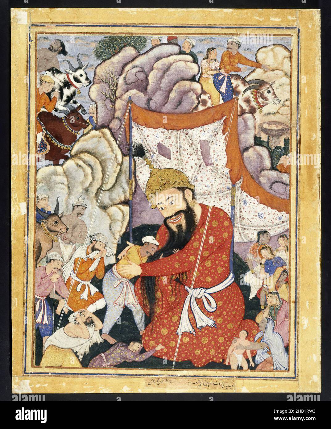 Zumurrud Shah Takes Refuge in the Mountains, Indian, Opaque watercolor and gold on cotton cloth, India, ca. 1570, Mughal, sheet: 31 x 25 in., 78.7 x 63.5 cm, 16thC, akbar, Akbar Period, Arabic, Asian art, canopy, central asian, cloth, colorful, cotton, decoration, decorative, epic, fabric, Folio, Gold, Hamzanama, hierarchical scale, IMLS, India, Indian Art, king, Middle Eastern art, mountain, Mughal, narrative, opaque watercolor, Opaque watercolor and gold on cotton cloth, portrait, tent, watercolor, Zumurrud Shah Stock Photo