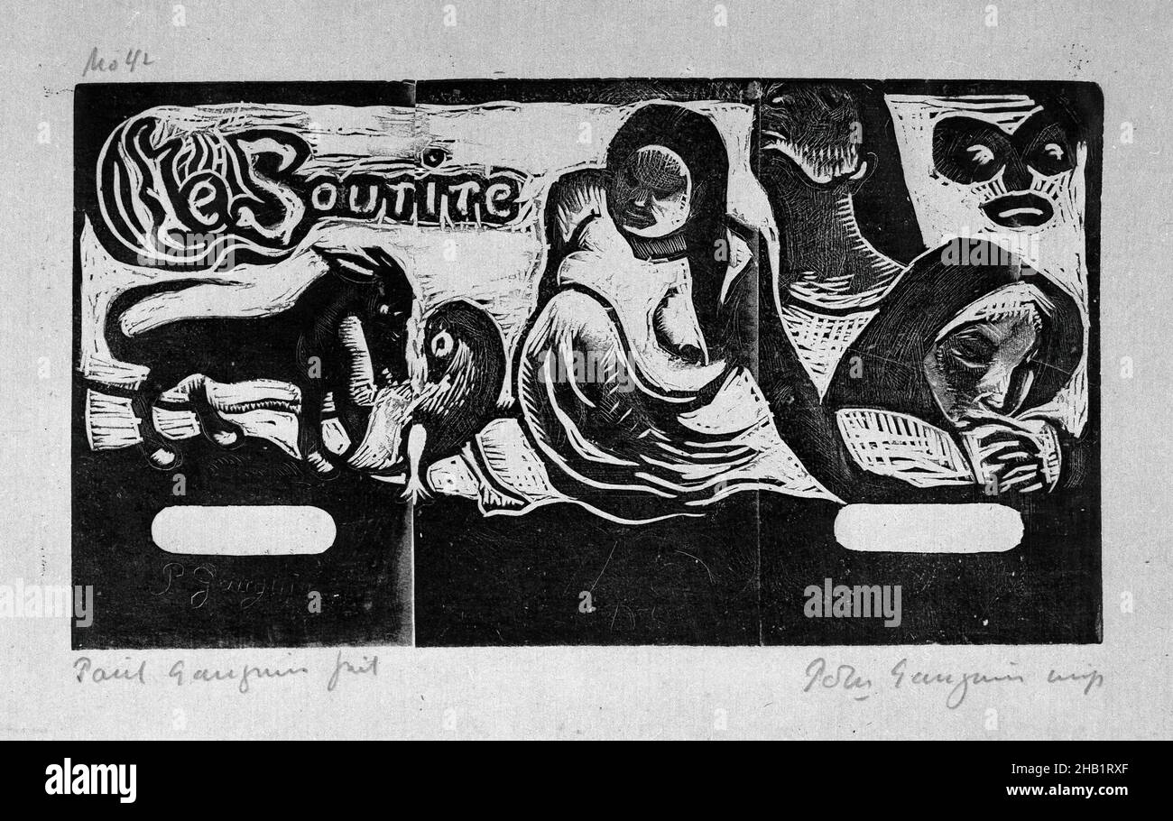 Head Piece for 'Le Sourire', Titre pour 'Le Sourire', Paul Gauguin, French, 1848-1903, Woodcut on China paper, carved 1899; printed 1921, Sheet: 10 7/16 x 16 1/4 in., 26.5 x 41.3 cm Stock Photo