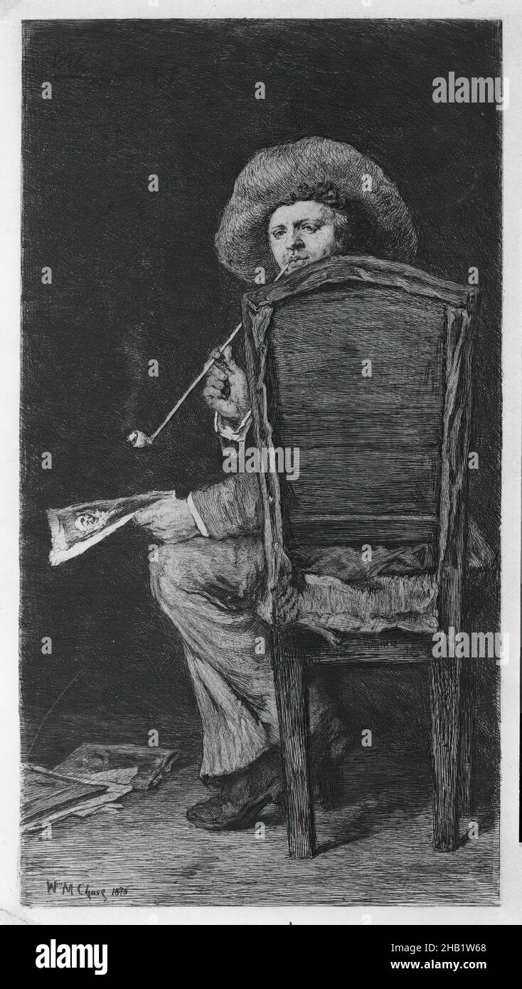 Portrait of a Man Smoking a Pipe, William Merritt Chase, American, 1849-1916, Etching, 1875, chair, smoke Stock Photo