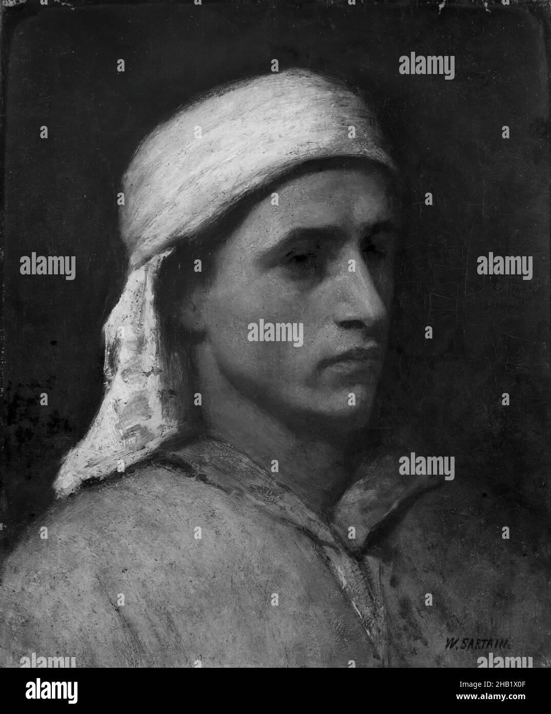 Arab Head, William Sartain, American, 1843-1924, Oil, ca. 1880, 18 1/8 x 15 1/16 in., 46 x 38.2 cm, 1880, american, american painting, Arab, Arab Head, east, gaze, hat, head, male, man, Middle East, noble, oil, oil painting, Orientalist, ottoman, painting, portrait, Sartain, William Sartain Stock Photo