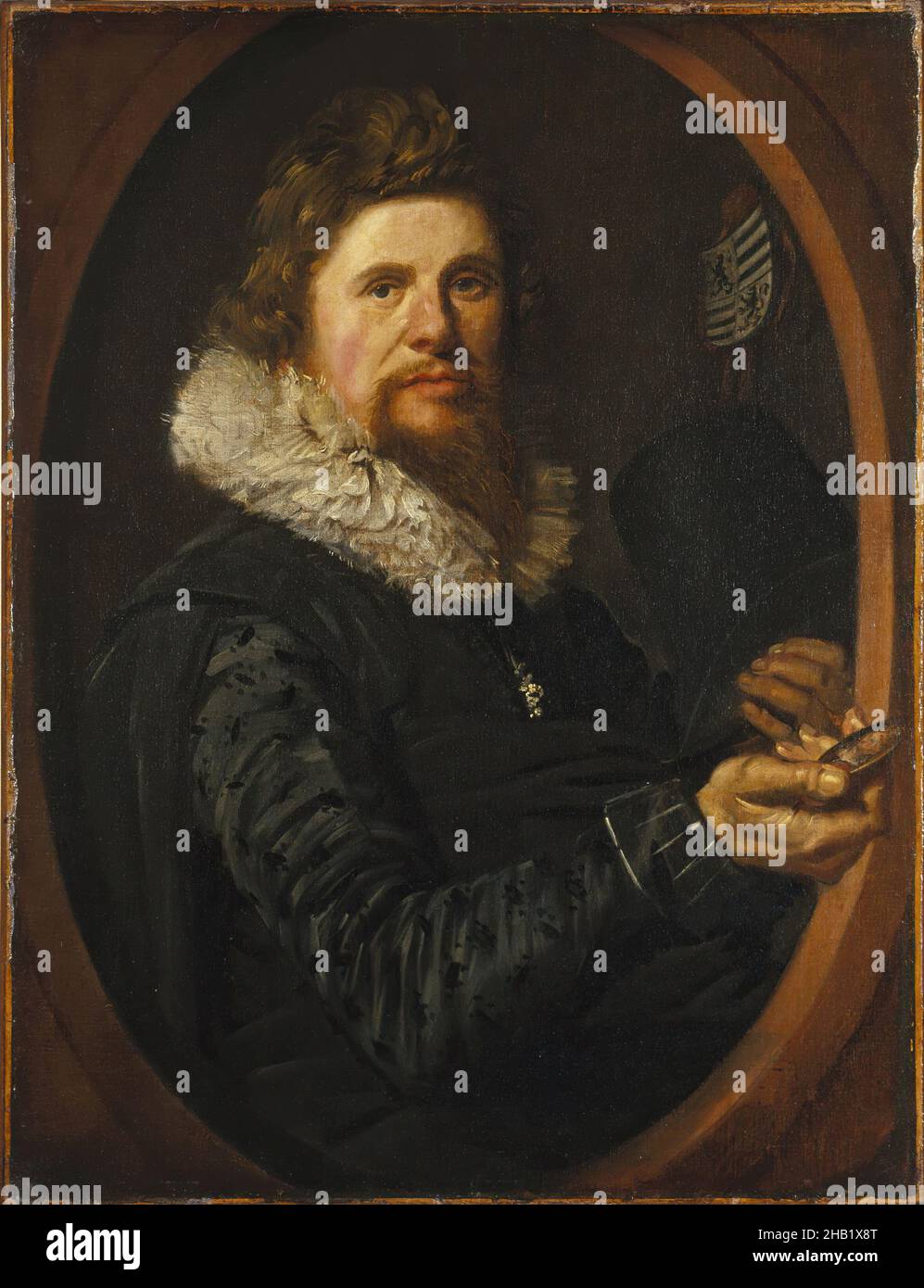 Portrait of a Man, Frans Hals, Dutch, ca. 1580-1666, Oil on canvas, Netherlands, ca. 1614-1615, 29 x 21 3/4 in., 73.7 x 55.2 cm, Baroque, beard, ca. 1614-1615, coat of arms, Dutch, Dutch painting, Elizabethan Period, Frans Hals, Grim, male, man, mustache, oil painting, Portrait, Portrait of a Man, ruff, x-ray Stock Photo