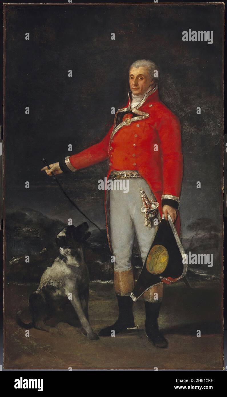 Portrait of Don Tadeo Bravo de Rivero, Francisco de Goya y Lucientes, Spanish, 1746-1828, Oil on canvas, Spain, 1806, 81 1/2 x 45 11/16in., 207 x 116cm, 1806, calvary, calvary officer, devotion, dog, fidelity, grand manner, hat, hunting, male figure, man, medal, military, oil on canvas, portrait, red, scarlet coat, Spain, Spanish Painting, spurs, standing figure, sword, tri-cornered hat, x-ray Stock Photo