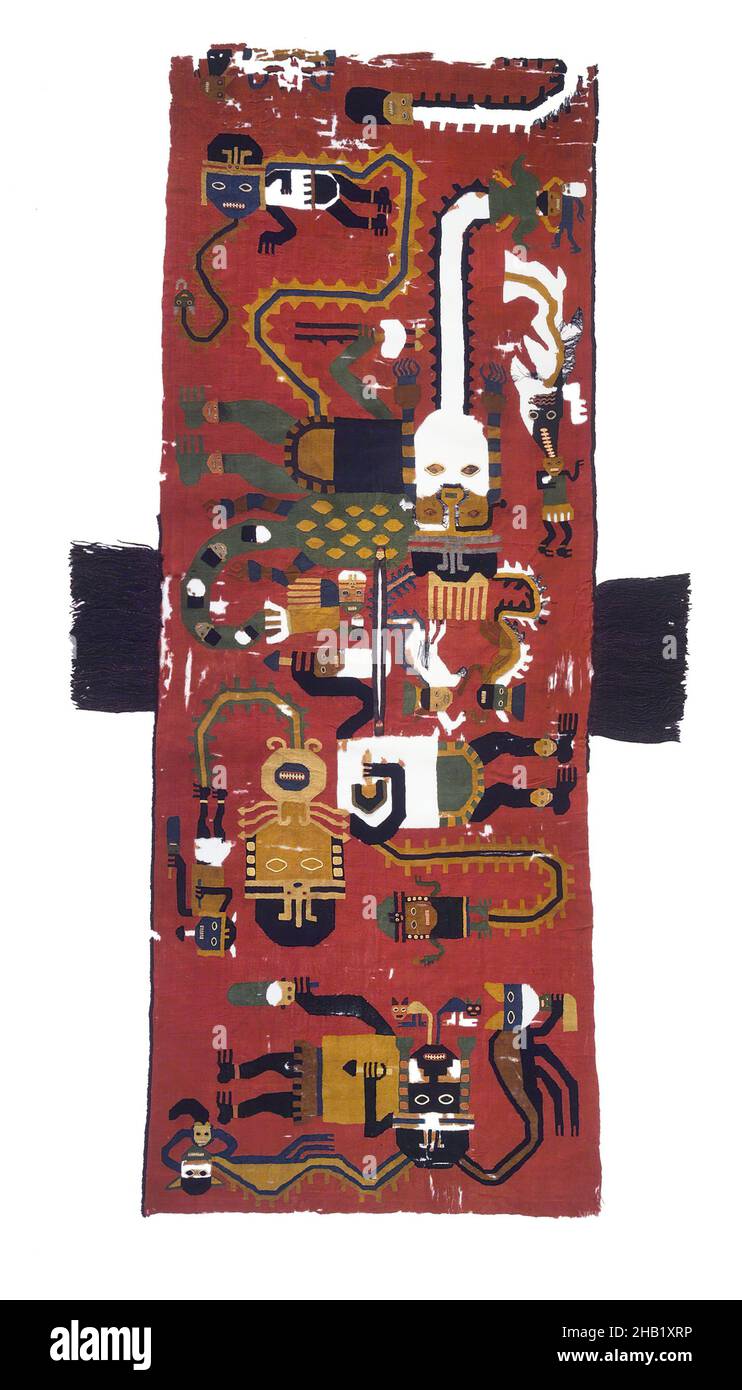 Poncho or Tunic, Nazca, Camelid fiber, 100-200 C.E., Early Intermediate Period, Phase 2, 74 7/16 x 27 9/16 in., 189.1 x 70 cm, ancient, clothing, fabric, garment, skull, textile, violent, Alabaster, Blue, Cup, Deity, Dynasty 28, Egyptian, Female, Gebelein, Egypt, Goddess, Hathor, Hieroglyphs, Inscribed, New Kingdom, Paste, Thutmose III, Vessel Stock Photo