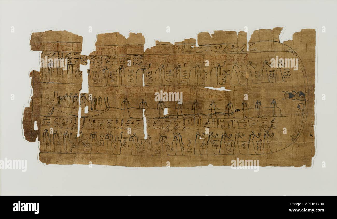 Sheet from a Book of the Dead, Papyrus, ink, ca. 1075-945 B.C.E., Dynasty 21, Third Intermediate Period, Sheet: 9 1/2 x 20 in., 24.1 x 50.8 cm, 1075-945 B.C.E., afterlife, Amduat, boat, Book of Dead, Book of the Dead, Ceremonial Implements, chaos, death, document, Dynasty 21, Egypt, Egyptian, forces of evil, fragment, illustration, Inscribed, Khepri, late, magical, manifestations, new york historical society collection, night, papyri, papyrus, period, pigment, protection, Re, Sheet, spells, sun god, text, Third Intermediate Period, triumph over evil, Twelfth Hour, voyage Stock Photo