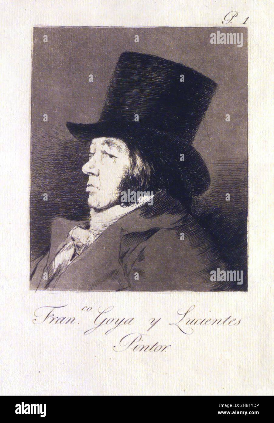 Francisco Goya y Lucientes, Painter, Francisco Goya y Lucientes, Pintor, Los Caprichos, Plate 1, Francisco de Goya y Lucientes, Spanish, 1746-1828, Etching, aquatint, drypoint, and burin on laid paper, Spain, 1797-1798, Sheet: 11 13/16 x 7 5/8 in., 30 x 19.4 cm, aquatint, drypoint, etching, goya, hat, portrait, self-portrait, spanish Stock Photo