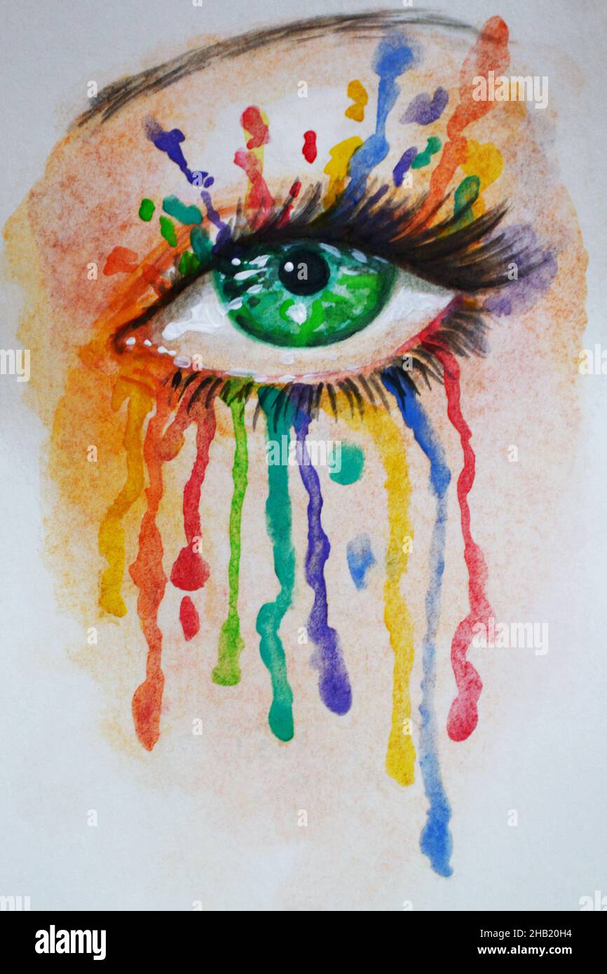 Green Human Eye Watercolor Illustration Stock Photo