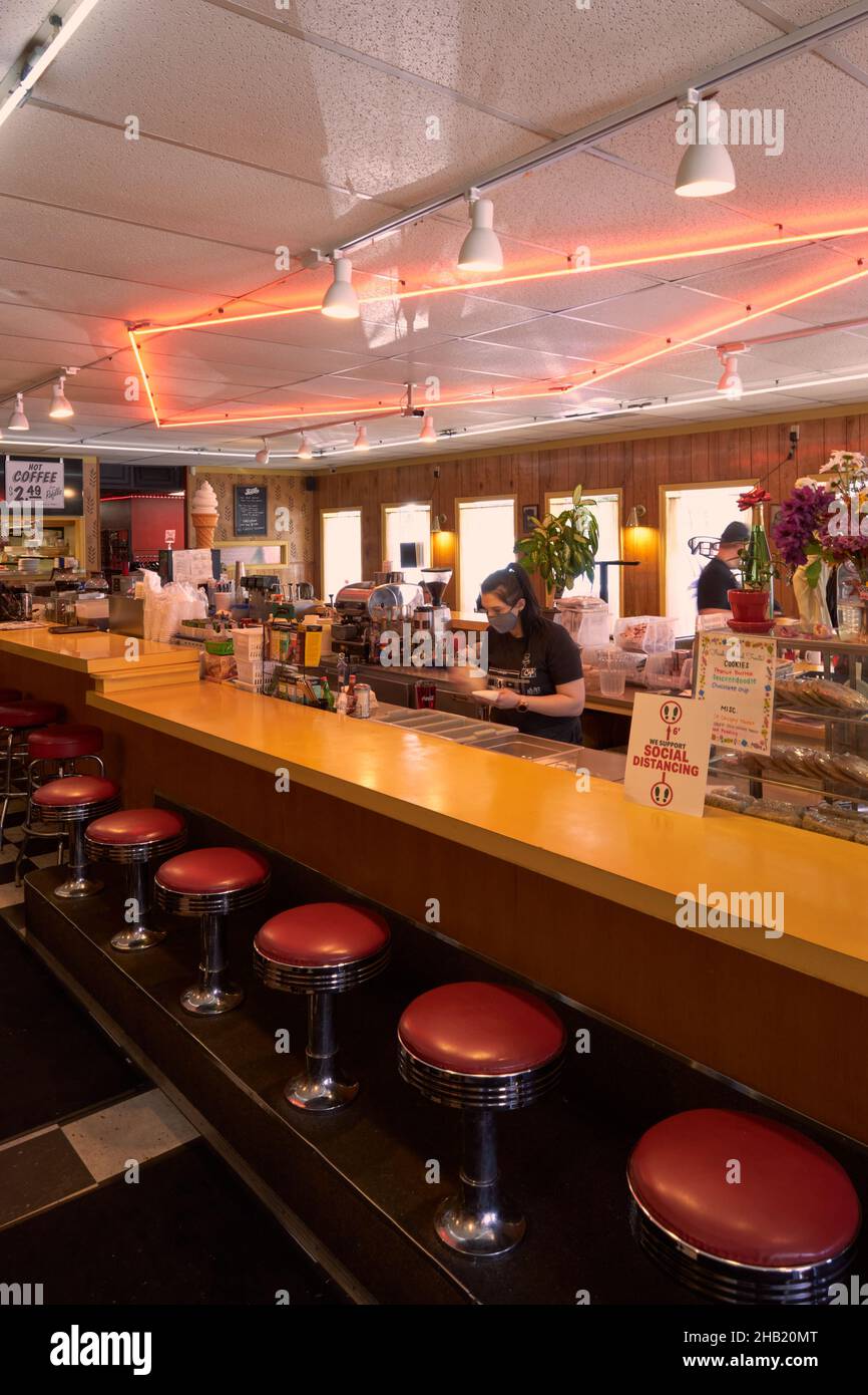 Inside of famous RR cafe (Twede's Cafe), film setting of the TV series Twin Peaks, North Bend, Washington Stock Photo