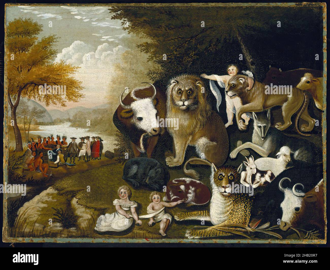 The Peaceable Kingdom, Edward Hicks, American, 1780-1849, Oil on canvas, ca. 1833-1834, 17 7/16 x 23 9/16 in., 44.3 x 59.8 cm, animals, babes, beasts, Biblical, Book of Isaiah, Cat, Christian, clouds, cow, Crazy Eyes, Eden, faith, fantasy, flat, folk, forest, harmony, heaven on earth, innocence, invaders, Lion, naive, nature, painting, parable, peace, Plain style, preaching, Quaker, religious, religious art, settlers, sky, The Lion and Lamb, theology, tolerance, Tree, trees, wildlife, William Penn Stock Photo