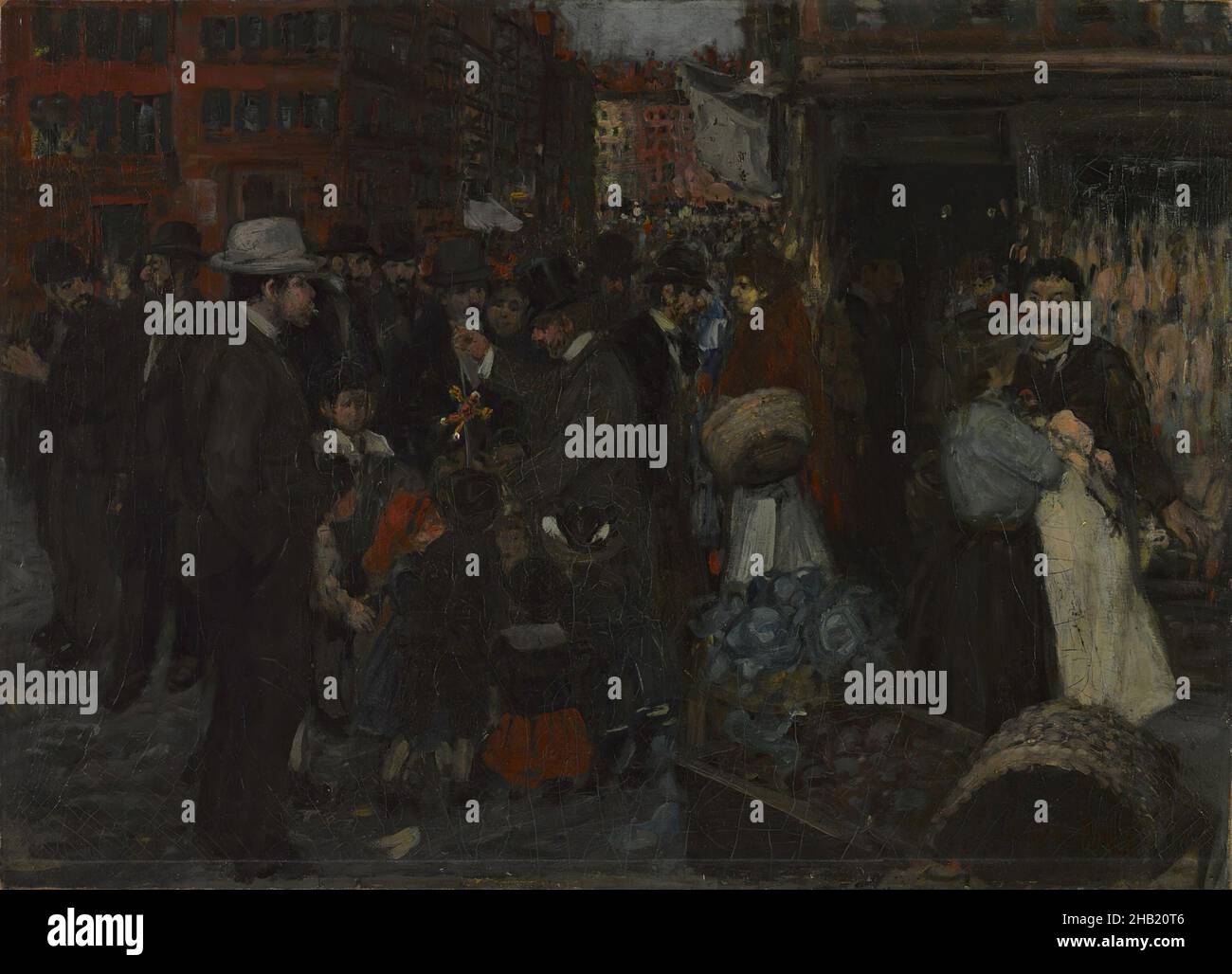 Street Scene, Hester Street, George Benjamin Luks, American, 1867-1933, Oil on canvas, 1905, 25 13/16 x 35 7/8 in., 65.5 x 91.1 cm, American Realism, Americana, Ash Can School, ashcan, Basket, blue, Buildings, Busy, Children, colorful, commerce, Crowds, daily life, historic lower east side, historic New York City, immigrant, Immigration, Jewish history, lower east side, Manhattan, Market, melting pot, old New York, painting, People, red, shopping, storefronts, Street Scene, The Eight, urban, urban scene Stock Photo