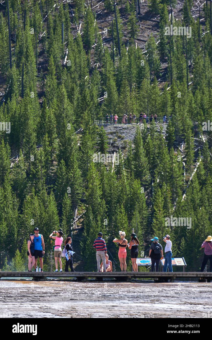 People On Boardwalk Near Grand Prismatic Spring With Overlook In Background, Yellowstone National Park, Wyoming, USA Stock Photo