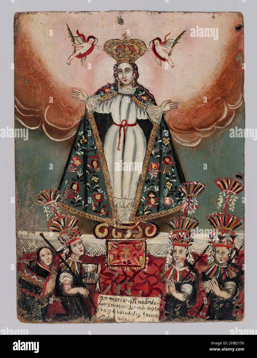 The Virgin Mary with Indian Donors, Oil on wood panel, La Paz, Bolivia, 1752, panel: 10 1/4 x 7 9/16 x 3/8 in., 26 x 19.2 x 1 cm, 18thC, bolivian art, catholic, catholicism, hispanic heritage, latin american art, mary, religious, religious art, south america, spanish american art, spanish colonial, virgin mary, x-ray Stock Photo