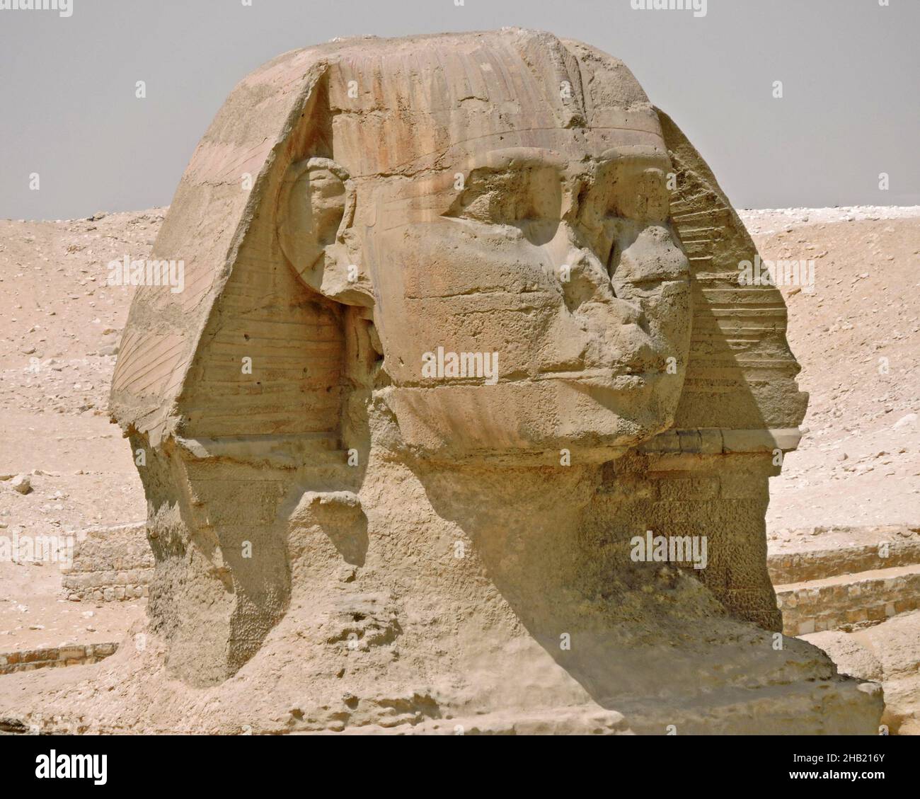 Closeup of the face of the Great Sphinx of Giza. This face appears to represent the pharaoh