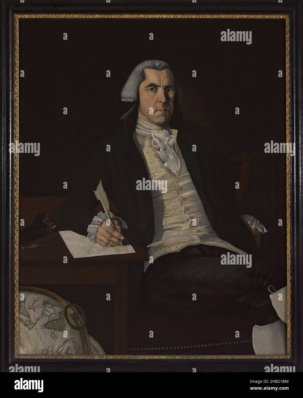 John Vinall, John Mason Furness, American, 1763-1804, Oil on canvas, ca. 1792, 49 5/16 x 39 7/16 in., 125.2 x 100.2 cm, at desk, ca. 1792, feather pen, globe, letter, male, oil, painting, portrait, quill, streaming light, white man, wig, writing, x-ray Stock Photo