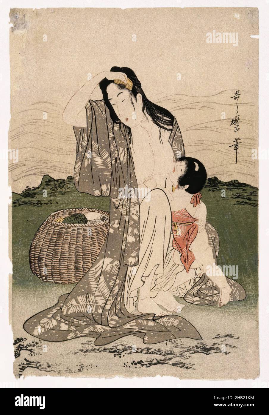 Abalone Divers, Kitagawa Utamaro, Japanese, 1753-1806, Color woodblock print on paper, Japan, ca. 1797-1798, Edo Period, 14 1/2 x 9 3/4 in., 36.8 x 24.8 cm, basket, breastfeeding, comb, intimate, mother and child, People Stock Photo
