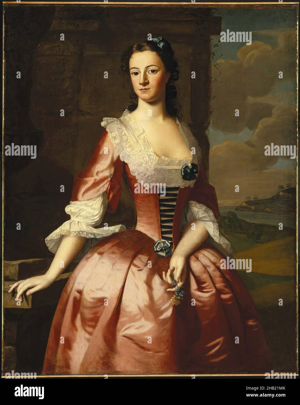 Portrait of a Woman, Robert Feke, American, ca.1707-ca.1752, Oil on canvas, 1748, 49 3/8 x 39 9/16 in., 125.4 x 100.5 cm, art, bows, brunette, clouds, corset, Dramatic, dress, female figure, Flower, hand, hand gesture, lace, lady, landscape, oil on canvas, painting, pink, pink dress, portrait, red, Robert Feke, satin, wealthy, woman, young Stock Photo