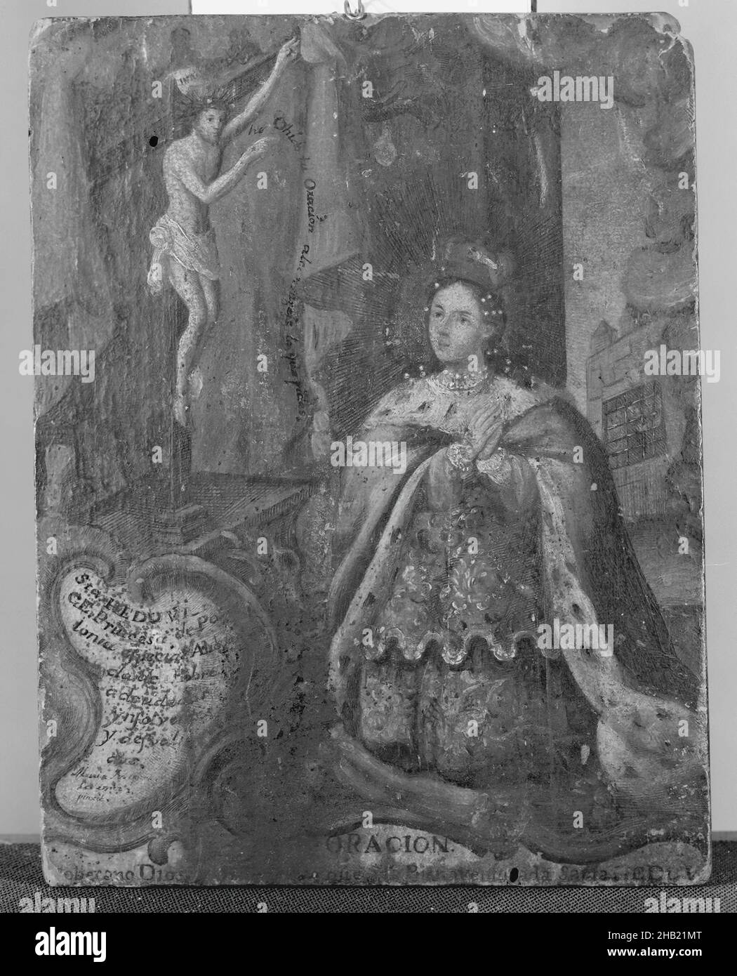 Queen Kneeling Before Cross, Painting on wood, late 18th-early 19th century, 7 11/16 x 5 15/16 in., 19.5 x 15.1 cm, Christ, cross, crucifiction, crucifix, ermine, female, holy, humble, Jesus, kneeling figure, monarch, painting, prayer, praying, queen, religious, robe, vision, woman Stock Photo