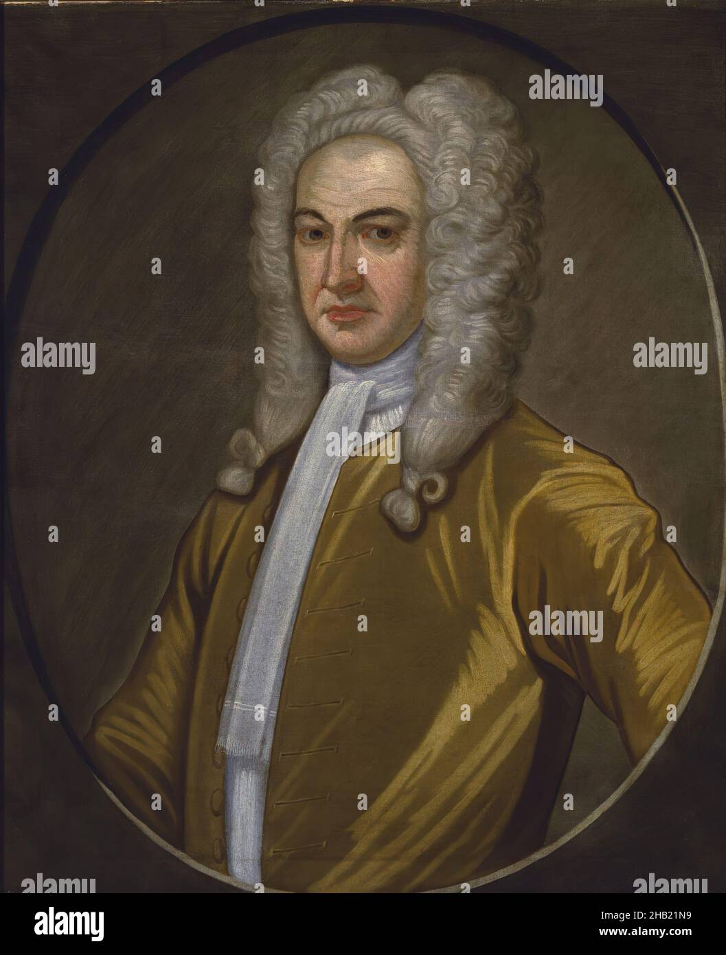 Governor Lewis Morris, John Watson, American, 1685-1768, Oil on linen, ca. 1726, 30 1/16 x 25 in., 76.3 x 63.5 cm, American Painting, British Governor, center part, Chief justice of New York, clothing, clothing for men, colonial, curly, elegant, elite, fashion, for, frown, Georgian period, governor, Governor Lewis Morris, history, landowner, leader, lifestyle, Lord of Morrisania, male figure, man, men, mens clothing, New Jersey, New Jersey History, oil on canvas, painting, political figure, politician, pompous, portrait, pre-Revolutionary, ruler, satin, scarf, scowl, US History, wealthy, wig Stock Photo