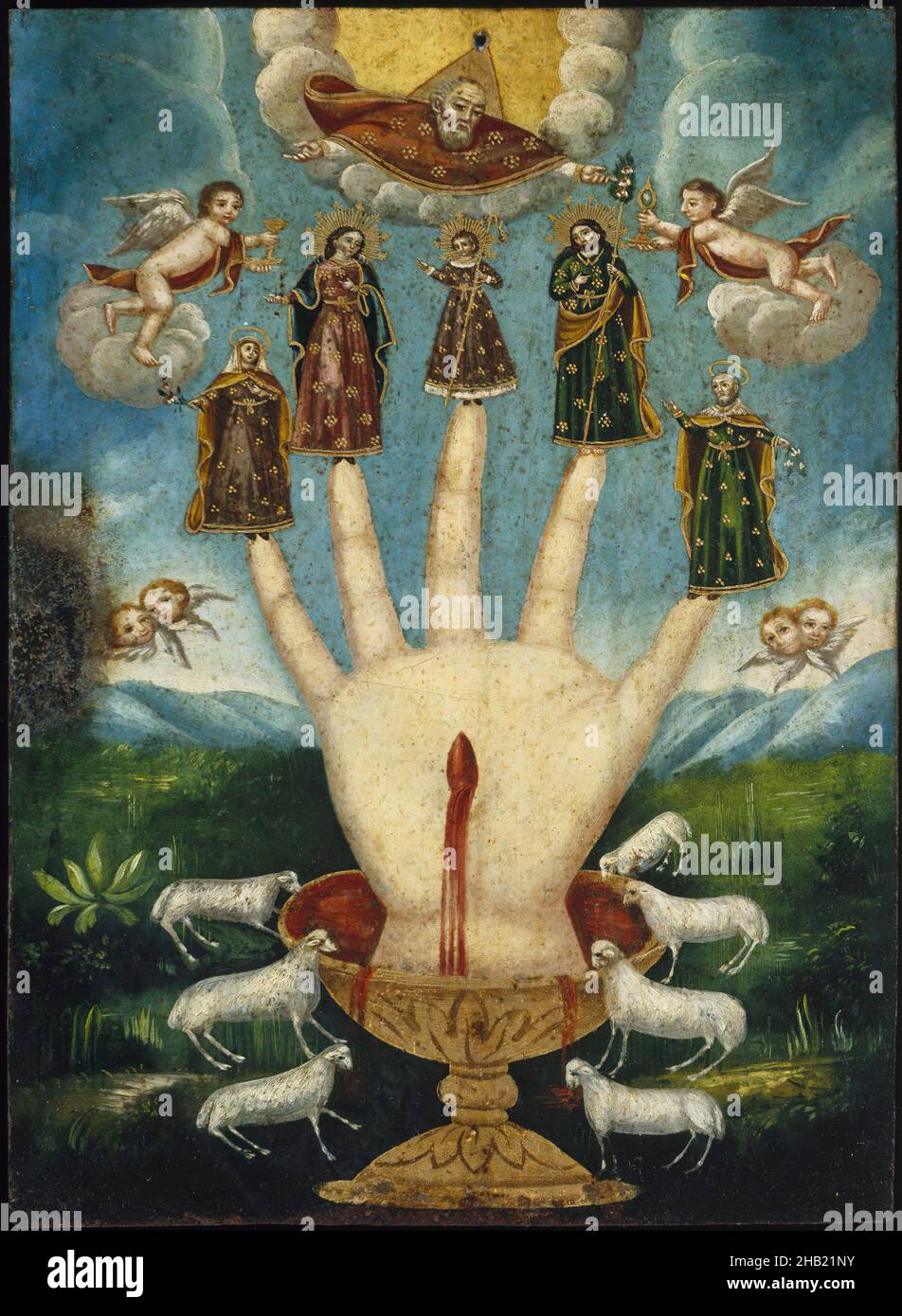 Mano Poderosa, The All-Powerful Hand, or Las Cinco Personas, The Five Persons, Mexican, Oil on metal, possibly tin-plated iron, Mexico, 19th century, 13 7/8 x 10 1/16in., 35.2 x 25.6cm, 19th Century, Angels, Anne, blood, celebration, chalice, cherubs, Christ, christianity, fingerpuppets, fingers, God, God the Father, hand, Hispanic, Hispanic Art, hispanic heritage, icons, Joachim, Joseph, lambs, latin american art, Mano, Mano poderosa, Mary, Metal, Mexican, Mexican Art, Mexican painting, Mexico, Native Mexican art, ndd12, Oil, Oil on Metal, Oil painting, painting, people, poderosa, religion Stock Photo