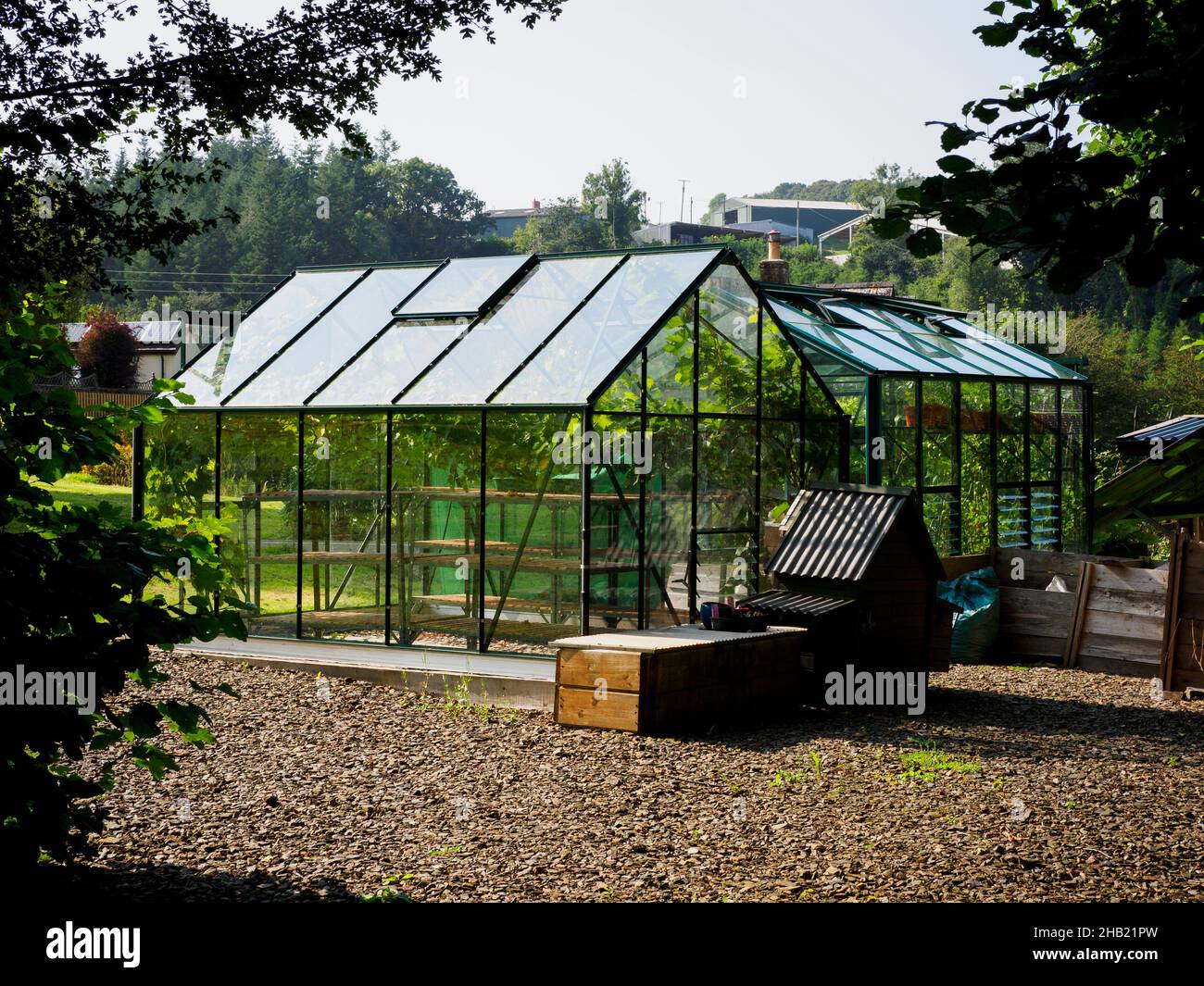 Two greenhouses in the corner of a garden, Devon, UK Stock Photo Alamy