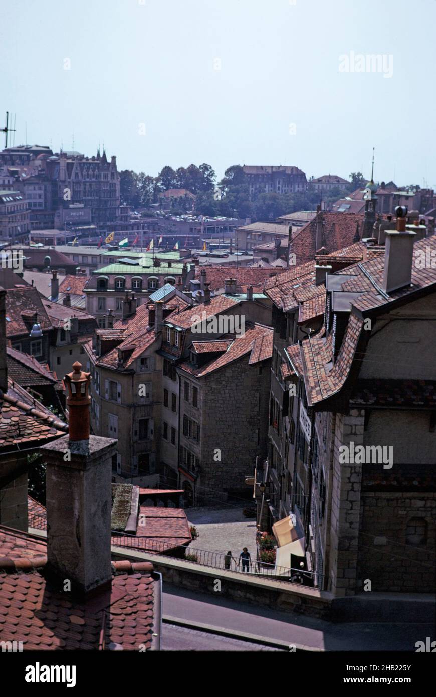 Historic buildings in old part of city of Lausanne, Switzerland, 1974 covered stretch of steps in street Stock Photo