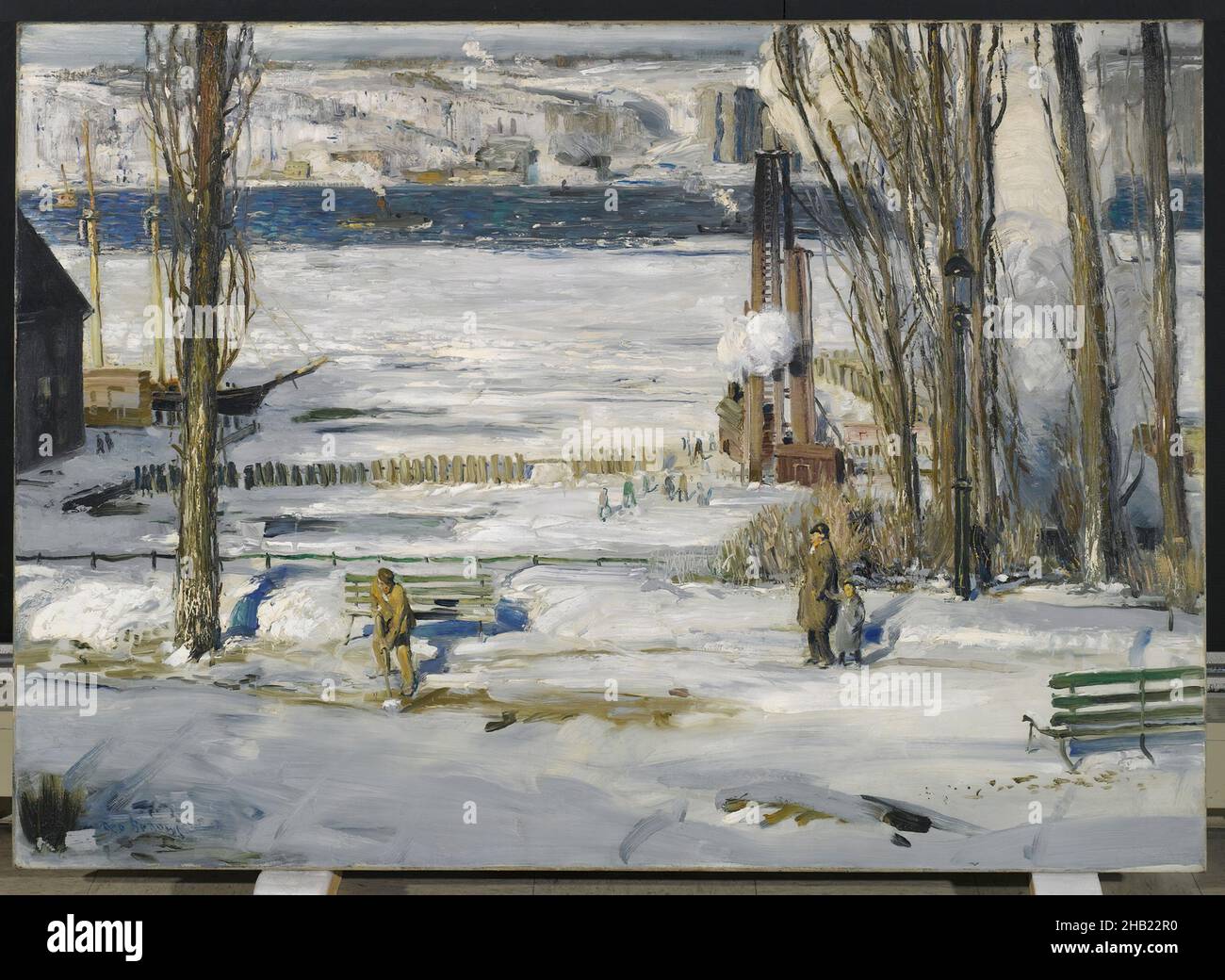 A Morning Snow--Hudson River, George Wesley Bellows, American, 1882-1925, Oil on canvas, 1910, 45 1/16 x 63 3/16 in., 114.5 x 160.5 cm, A morning snow - Hudson River, American, American artist, American painting, American realism, Ashcan School, Bellows, bench, benches, boat, Ca.1910, George Wesley Bellows, Hudson, Hudson River, Hudson River School, landscape, morning, oil, oil painting, painting, paintings, River, School, shoveling, snow, tree, water, white, winter Stock Photo