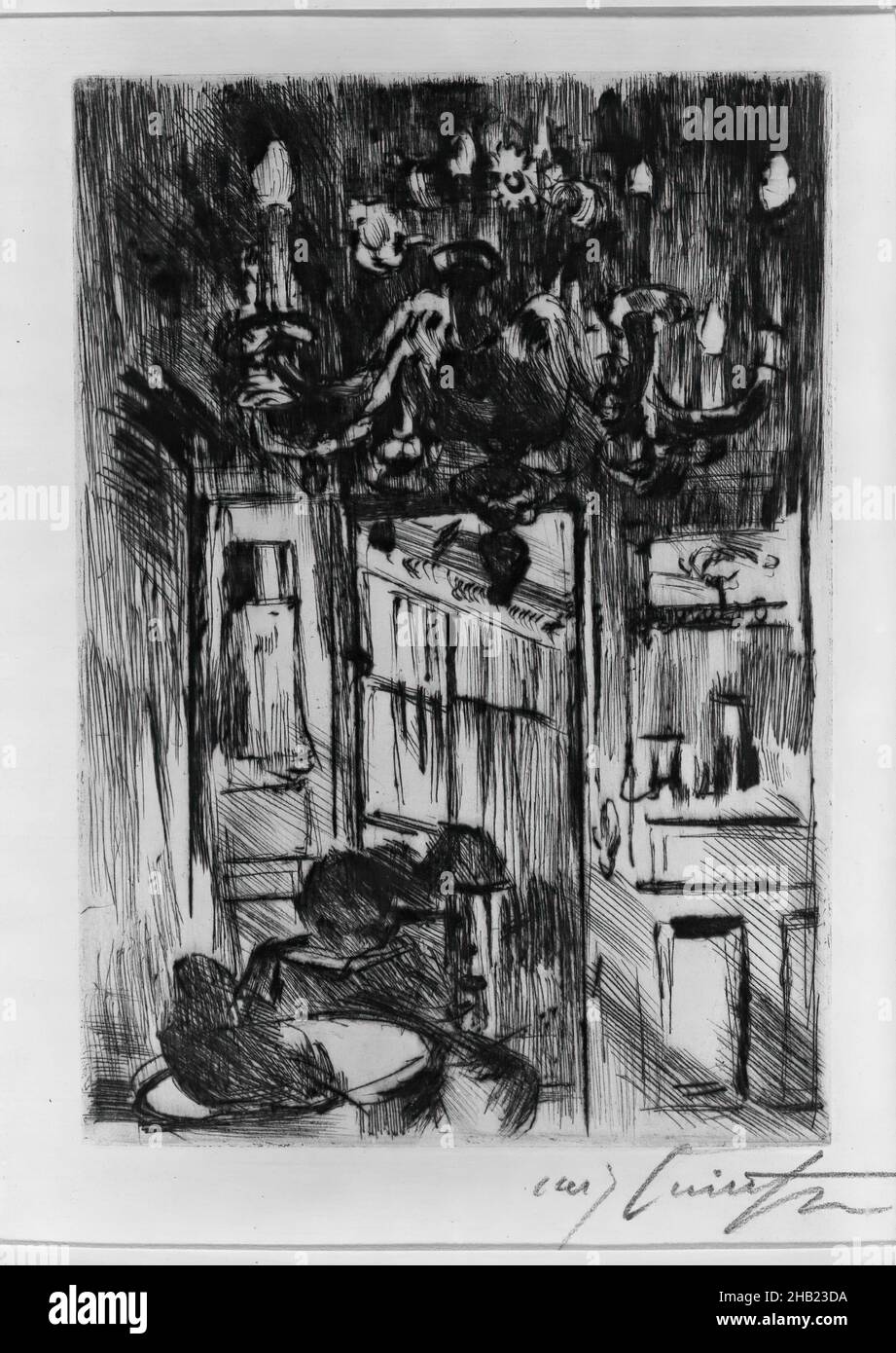 Under the Chandelier, Unter den Kronleuchter, Lovis Corinth, German, 1858-1925, Drypoint on laid paper, Germany, 1916, Image, Plate: 8 x 5 11/16 in., 20.3 x 14.4 cm, tell, william Stock Photo