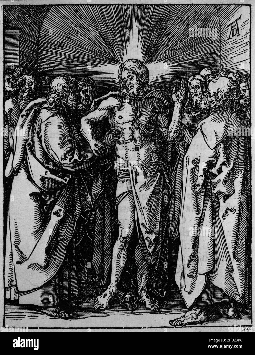 Doubting Thomas, The Small Passion, Albrecht Dürer, German, 1471-1528, Woodcut on laid paper, Germany, 1509-1511; edition of 1511, Image: 5 x 3 3/4 in., 12.7 x 9.5 cm, Christ, Doubting Thomas, Durer, Small Passion, woodcut Stock Photo