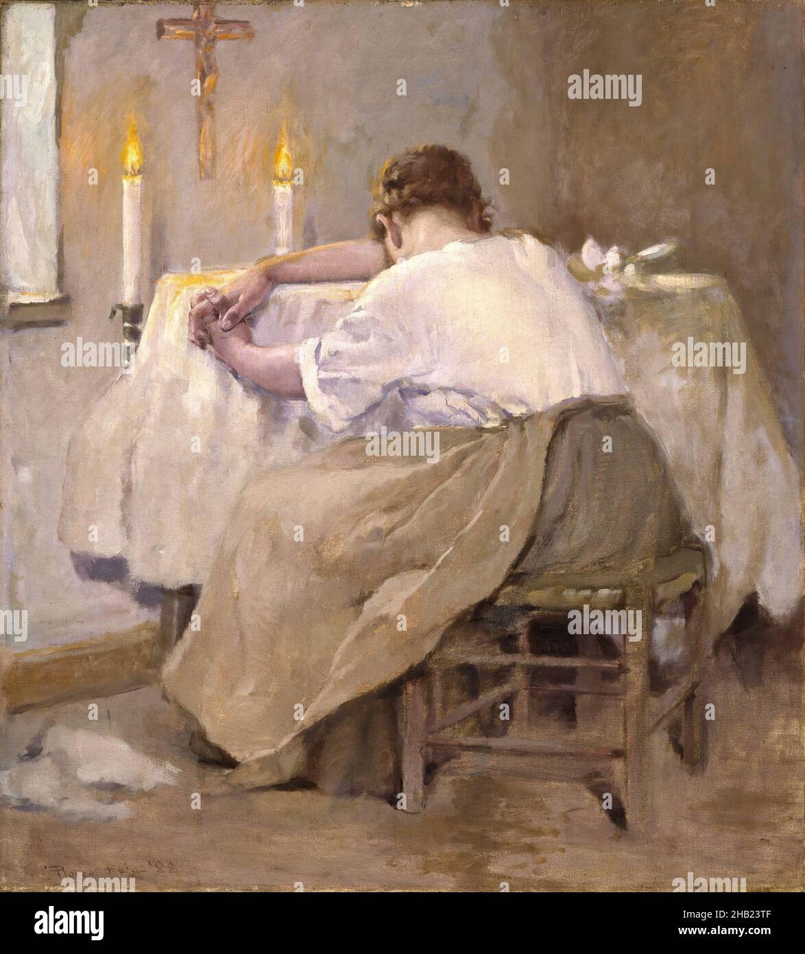 Her First Born, Robert Reid, American, 1862-1929, Oil on canvas, 1888, 37 x 33 5/8 in., 94 x 85.4 cm, 1888, American, American art, American Painting, apron, baby, candles, child, crib, cross, crucifix, crying, death, female, figure, infant, interior, mother, mourning, oil on canvas, oil painting, painting, Reid, sadness, seated, stool, tan, tired, victorian, white, woman Stock Photo