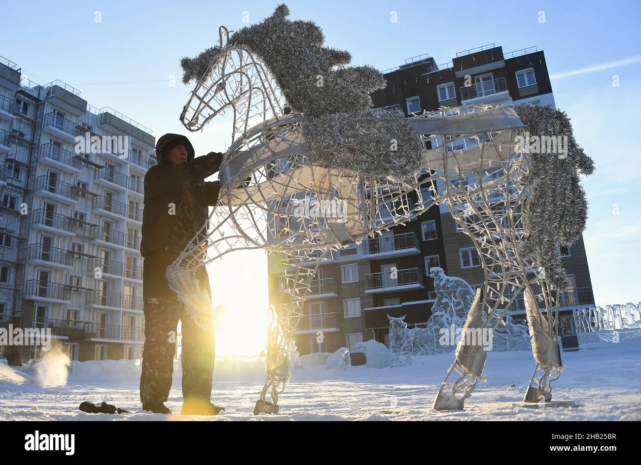 Views of Taishet. Genre photography. New Year's installation 'Horses'. 16.12.2021 Russia, Irkutsk region, Taishet Photo credit: Anatoliy Zhdanov/Kommersant/Sipa USA Stock Photo