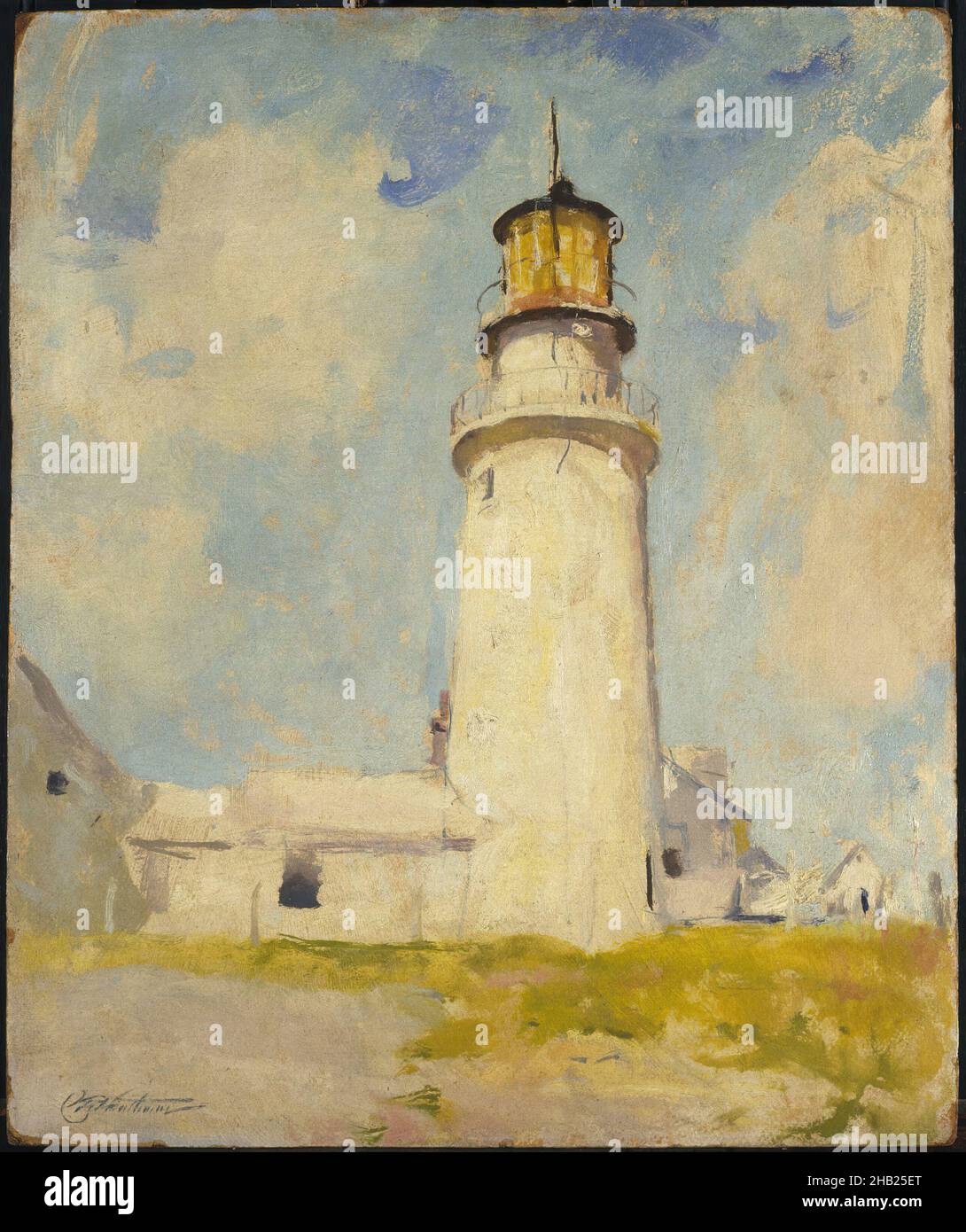 Highland Light, Charles W. Hawthorne, American, 1872-1930, Oil on panel, ca. 1925, 24 x 19 13/16 in., 60.9 x 50.3 cm, building, ca. 1925, clouds, landscape, lighthouse, ndd7, oil on panel, painting, phallic, sky, sunny Stock Photo