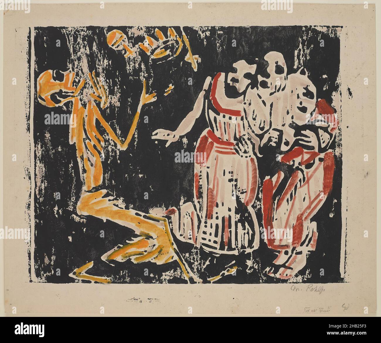 Death as Juggler, Revolution, Tod als Jongleur [Revolution], Christian Rohlfs, German, 1849-1939, Color woodcut in yellow, red, and black on heavy wove paper, Germany, 1918-1919, Image: 14 3/8 x 18 1/4 in., 36.5 x 46.4 cm, fear, scary, skeleton, spooky Stock Photo