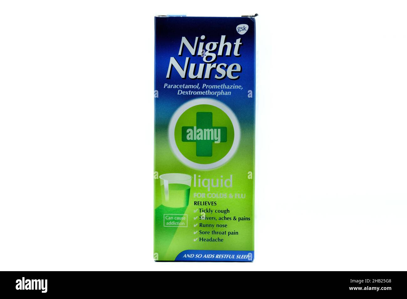 A 160ml box of Night Nurse liquid medication photographed against a white background. An over the counter cold remedy drug in the UK Stock Photo