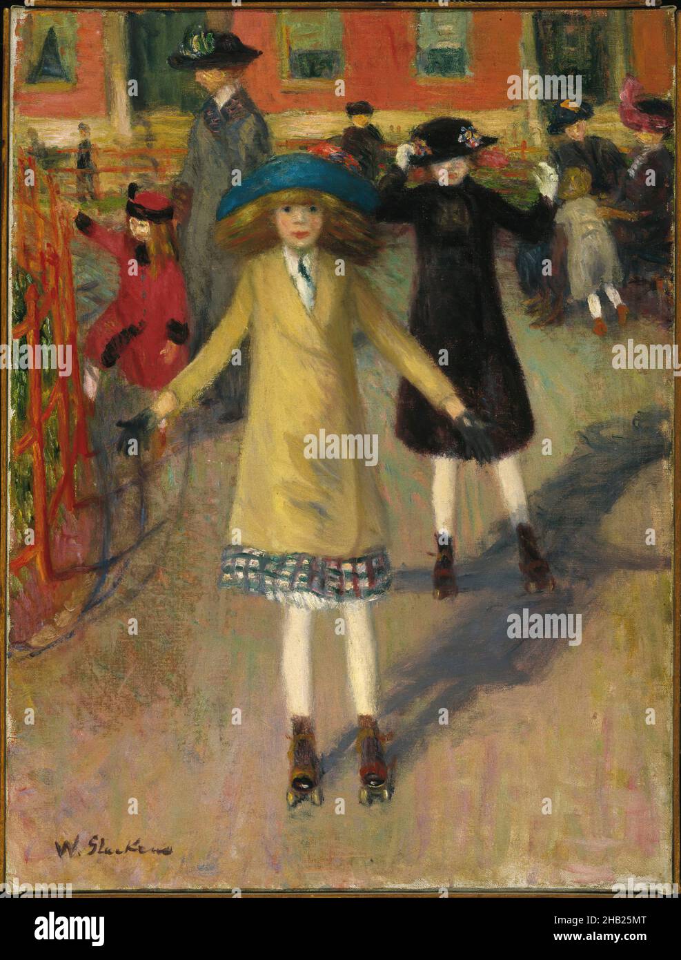 Children Rollerskating, William Glackens, American, 1870-1938, Oil on canvas, ca. 1912-14, 23 3/4 x 17 15/16 in., 60.3 x 45.6 cm, 20th, 20thC, American oil, Century, childhood, children, early 20th century art, female, female figures, fun, girls, impressionist, leisure,fashion, life, lifestyle, ndd12, painting, red, rollerstaking, shadows, sports, yellow Stock Photo
