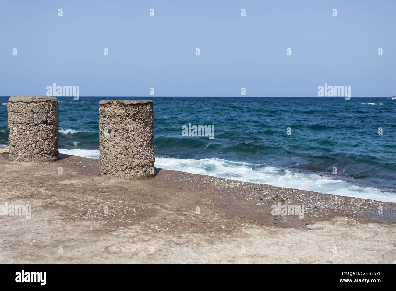 Harbor, pier, sea, coast, Crete, wanderlust, vacation, leave, wet, wall, stones, empty, nobody, harbor wall, Greece, joints, detail, details, water, l Stock Photo