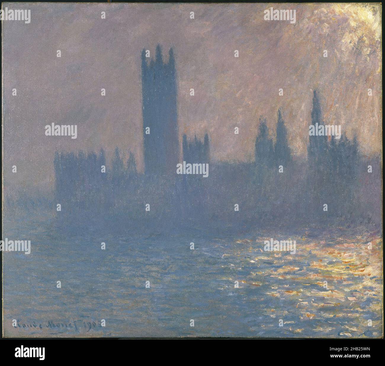 Houses of Parliament, Sunlight Effect, Le Parlement, effet de soleil, Claude Monet, French, 1840-1926, Oil on canvas, Europe, 1903, 32 x 36 1/4 in., 81.3 x 92.1 cm, 1903, claude monet, England, european, fog, french, French painters, haze, Houses of Parliament, Impressionism, landscape, London, mist, Monet, ndd12, oil on canvas, painting, pollution, reflections, river, river thames, silhouette, smog, Sun, sunlight effect, thames, water Stock Photo