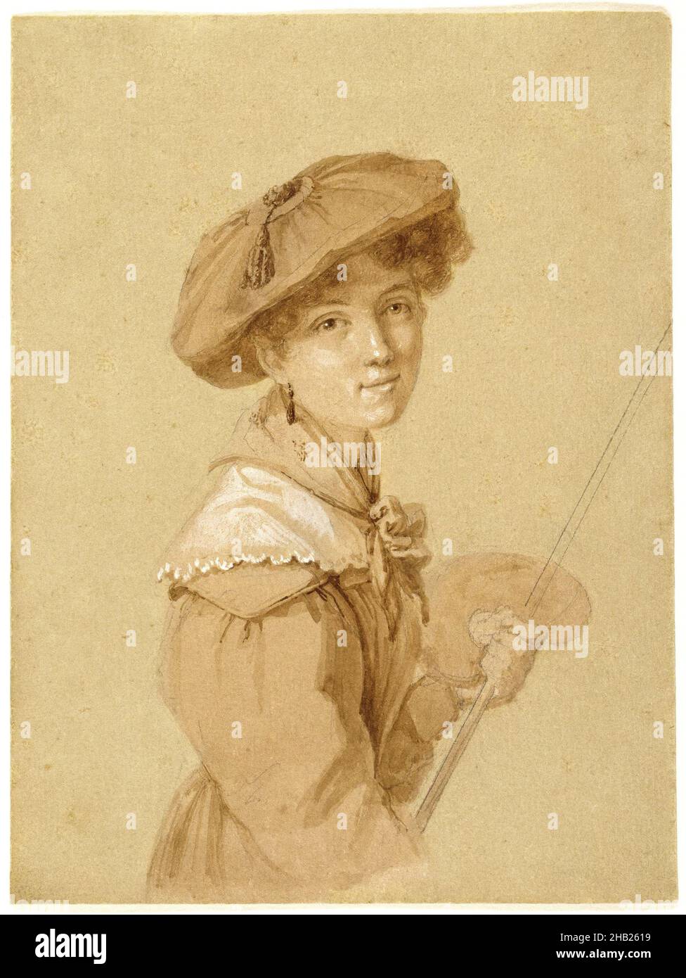Portrait of Eugénie Tripier-Le-Franc, Portrait d'Eugénie Tripier-Le-Franc, or Self-Portrait, Attributed to Eugénie Tripier-Le-Franc, French, 1805-1872, Brown ink, graphite, and white opaque watercolor on wove paper, France, 1820-1829, Sheet: 6 9/16 × 4 15/16 in., 16.7 × 12.5 cm, 19thC, artist, beret, Bourbon Restoration period, chapeau, drawing, female artist, fichu, french, gaze, hat, palette, portrait, Regency Period, self-portrait, sepia, shawl, woman artist Stock Photo