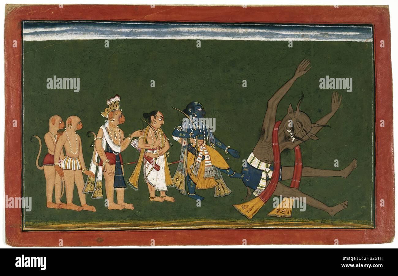 Rama Kicks the Body of Dundubhi, page from an illustrated manuscript of the Ramayana, the 'Shangri' Ramayana, Indian, Opaque watercolor, silver, and gold on paper, Punjab Hills, India, ca. 1700-1710, sheet: 8 5/8 x 13 7/8 in., 21.9 x 35.2 cm, Demon, Gold, Jammu, Lakshmana, Monkeys, Paper, Punjab Hills, Rama, Silver, Sugriva, Watercolor Stock Photo