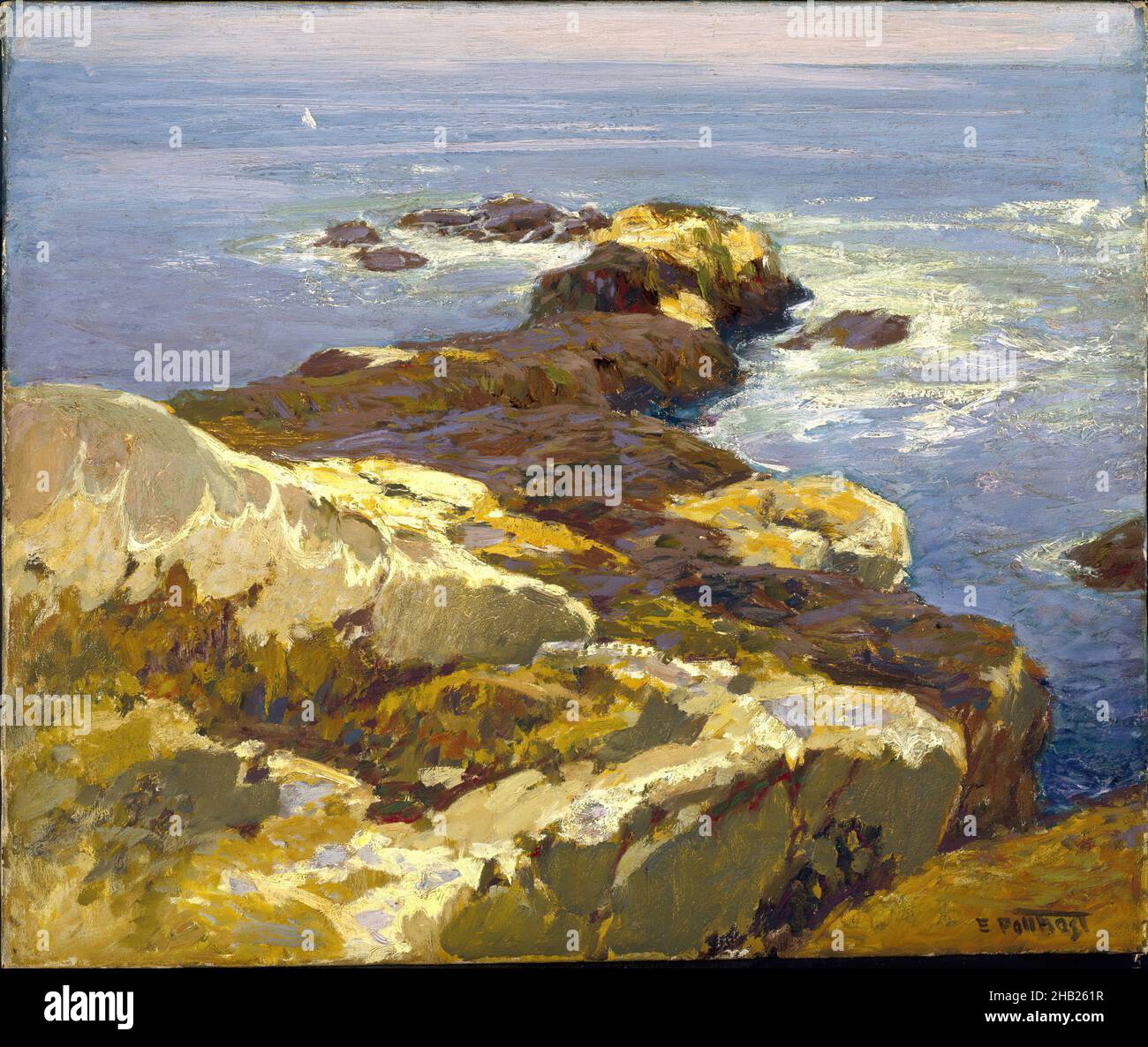 Rocks and Sea, Edward Henry Potthast, American, 1857-1927, Oil on canvas, ca. 1923, 20 1/16 x 24 in., 51 x 61 cm, American Painting, boulders, ca. 1923, coastline, marine, ndd7, ocean, oil on canvas, painting, rocks, sea, seascape Stock Photo