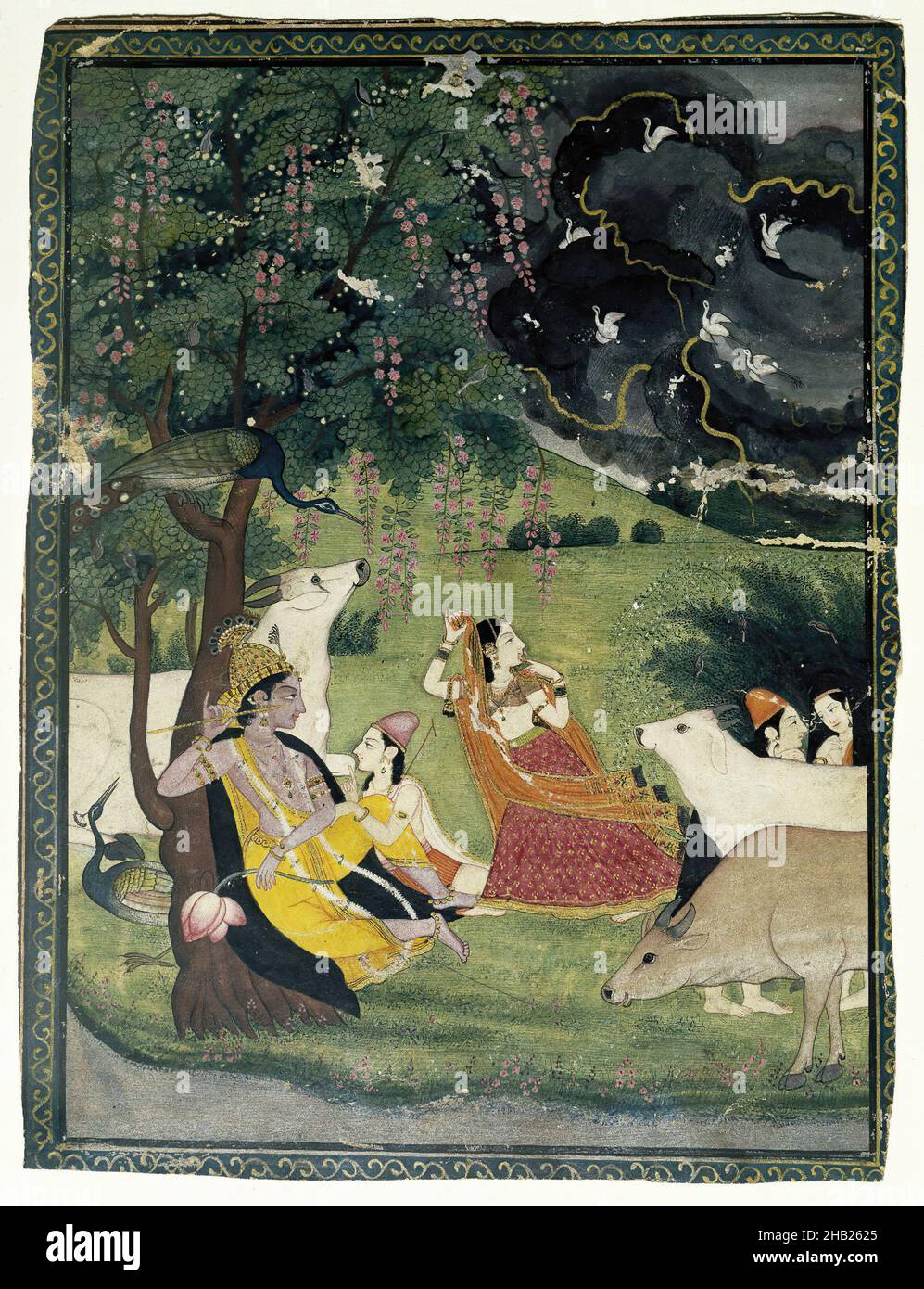 Krishna and Radha under a Tree in a Storm, Indian, Opaque watercolor and gold on paper, Kangra, Punjab Hills, India, ca. 1790-early 19th century, sheet: 9 x 6 3/4 in., 22.9 x 17.1 cm, allegory, Asian, birds, clouds, consort, cows, flower, god, Gold, Gopi, grass, green, herd, Hindu, Indian, Kangra, kneeling, krishna, love story, milkmaid, painting, Paper, peacock, Punjab Hills, radha, relaxing, sitting, storm, tree, Vaishnavism, vines, watercolor, weather Stock Photo