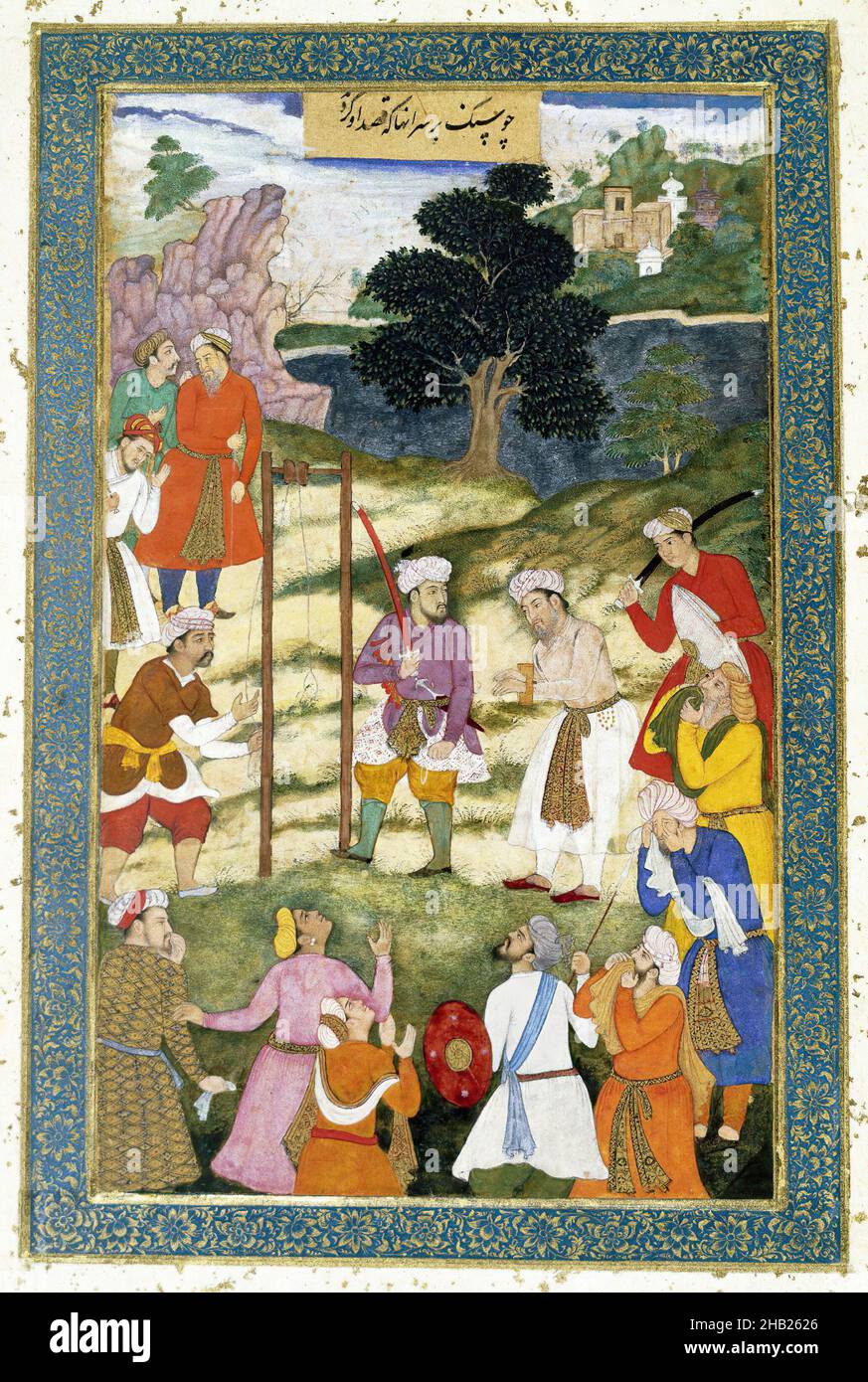 The Execution of Mansur Hallaj, from the Warren Hastings Album, Indian, Opaque watercolor on paper, 1600-1605, Mughal, Reign of Akbar, Sheet: 15 1/4 x 11 3/16 in., 38.7 x 28.4 cm, Akbar, Allahabad, crowd, event, Execution, gallows, Hanging, history, Justice, killer, Mansur Hallaj, Mughal, onlookers, Paper, people, punishment, scimitar, spectator, story, sword, turk, violence, Watercolor Stock Photo