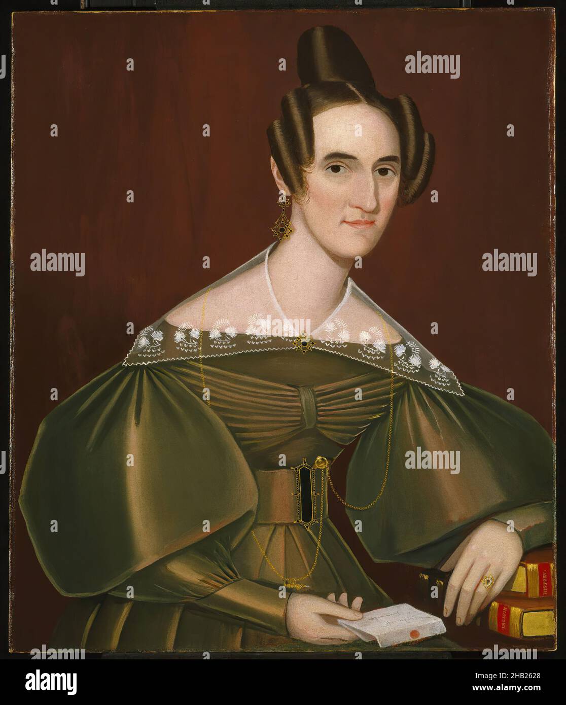 Jeannette Woolley, later Mrs. John Vincent Storm, Ammi Phillips, American, 1788-1865, Oil on canvas, ca. 1838, 33 x 27 15/16 in., 83.8 x 71 cm, 19th C, American primitive, chains, Early American, earring, Earrings, flat, jeannette Woolley, lace collar, oil on canvas, painting, plain style, portrait, portrait of a woman, primitive, woman Stock Photo