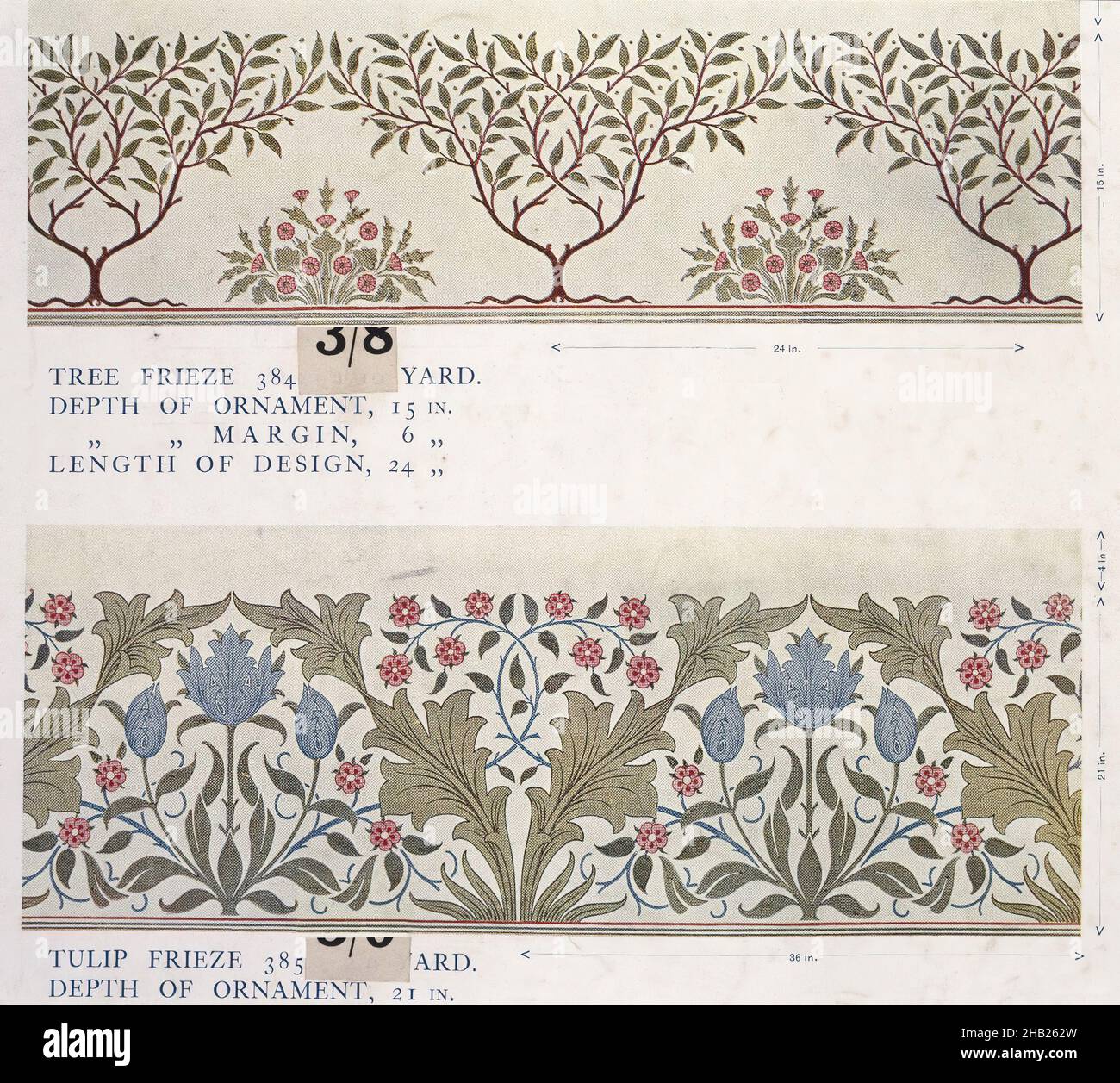 Wallpaper Sample Book, Printed paper, London, England, before 1917, 21 1/2 x 14 1/2 in., 54.6 x 36.8 cm, acanthus, Arts and Crafts, botanical, decor, fabric design, floral, flowers, home decor, interior design, leaves, mirror image, pastels, patterns, repeat pattern, textile design, thistle, vines, wall treatment Stock Photo