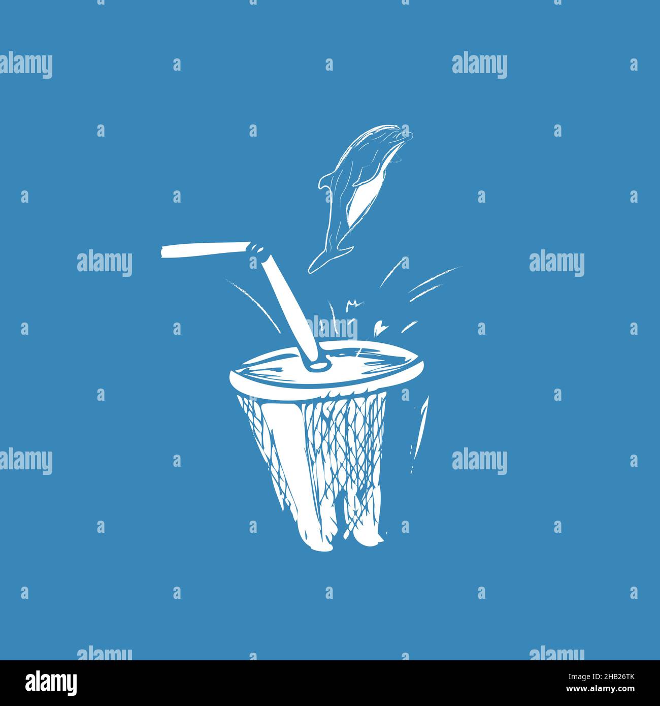 dolphin jumps out of a plastic cup with a straw. the problem of plastic
